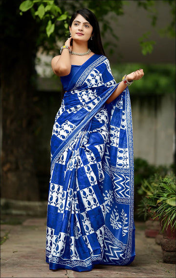 Blue Pure Soft Cotton Bagru Block Print Saree