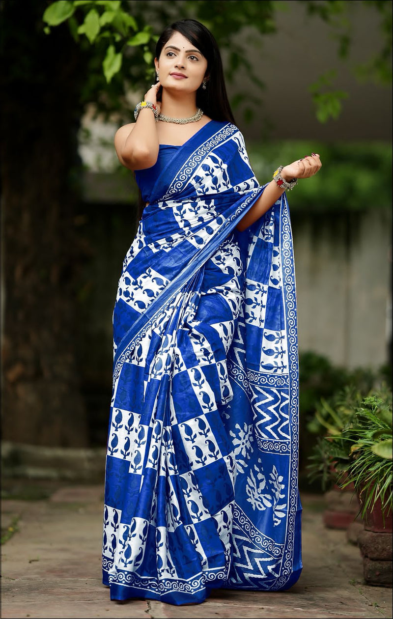 Blue Pure Soft Cotton Bagru Block Print Saree