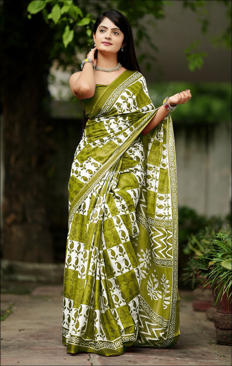 Mehandi Pure Soft Cotton Bagru Block Print Saree