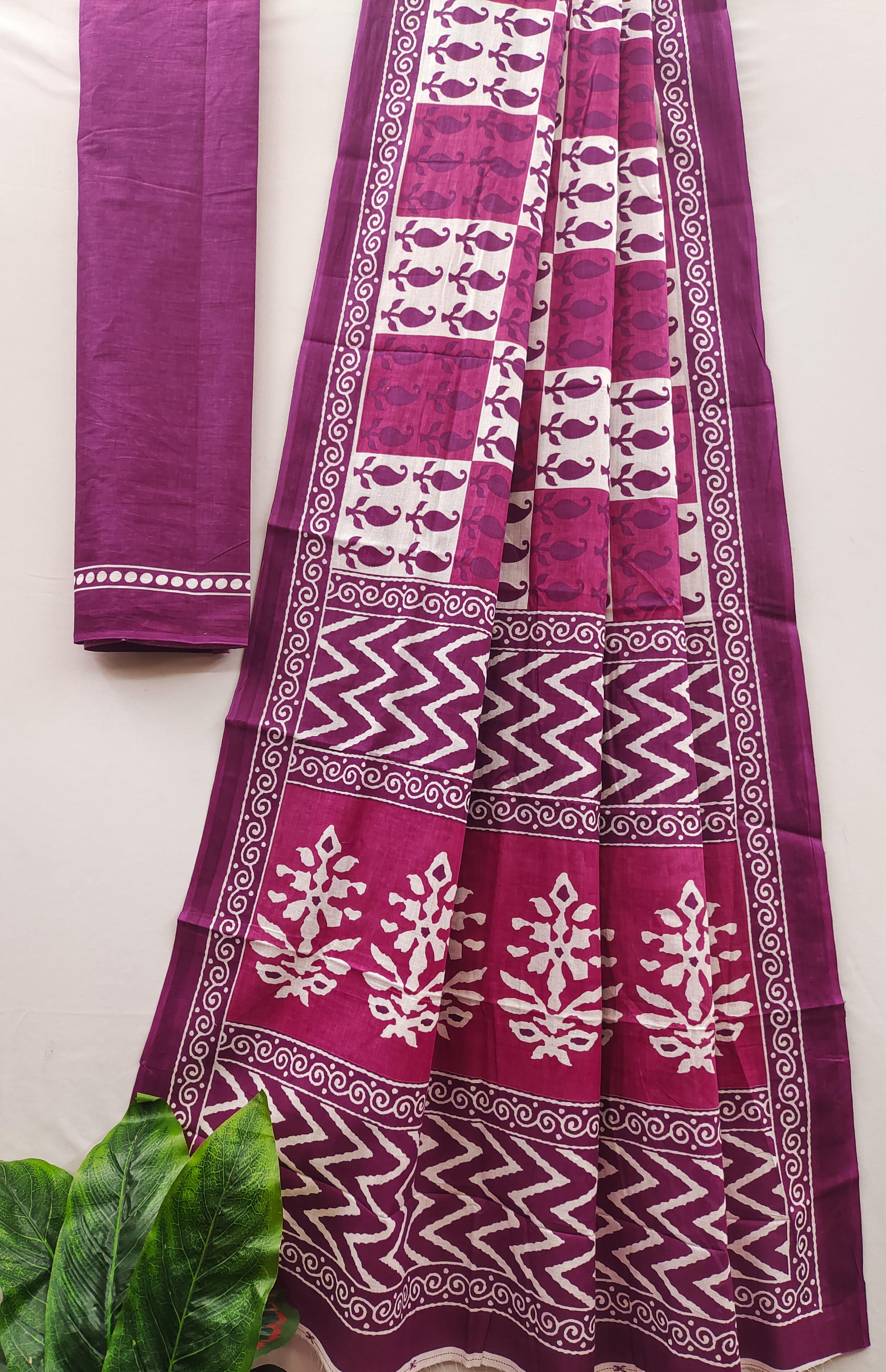 Pink Pure Soft Cotton Bagru Block Print Saree