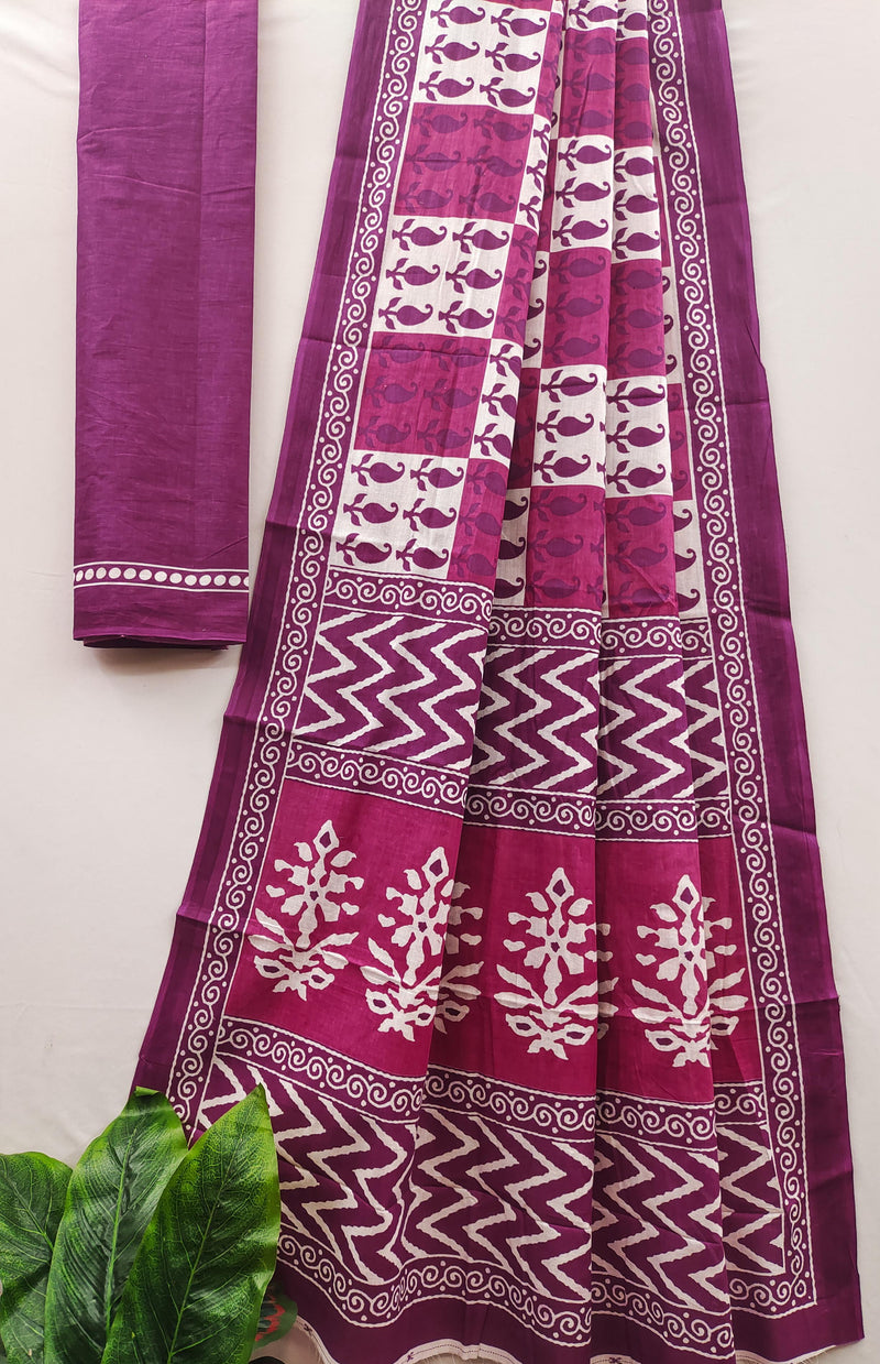 Pink Pure Soft Cotton Bagru Block Print Saree