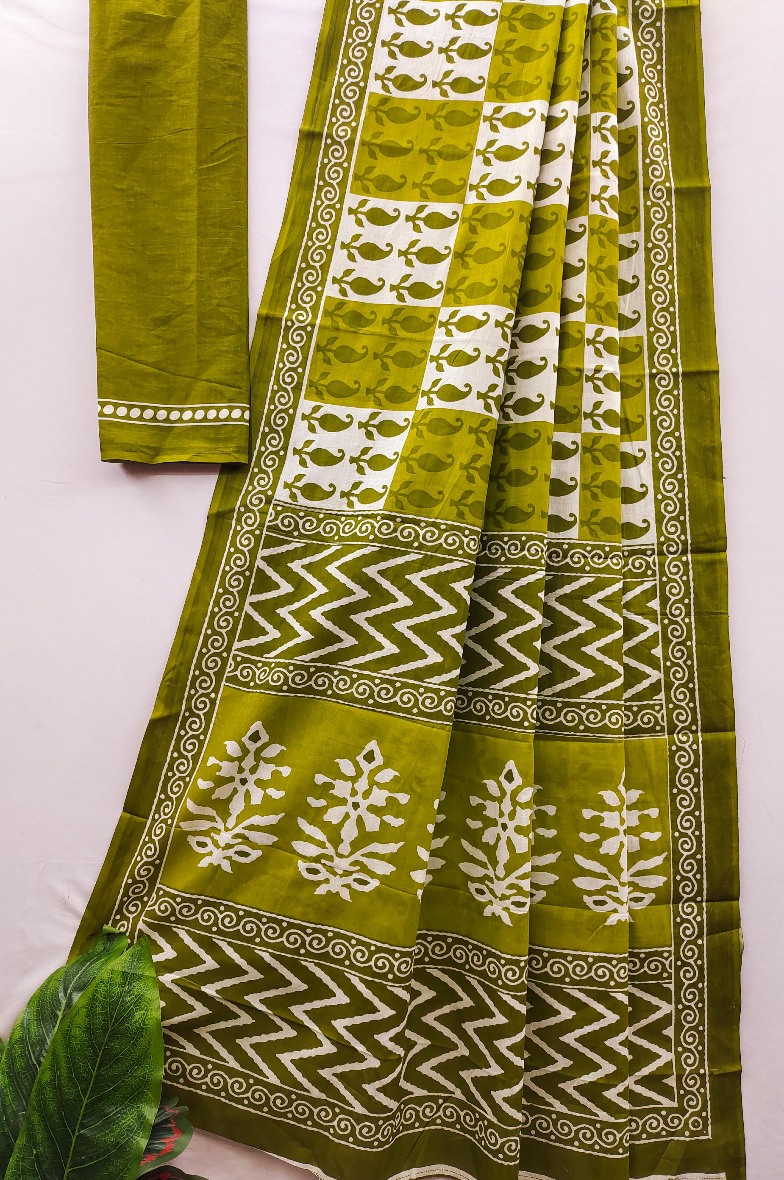 Mehandi Pure Soft Cotton Bagru Block Print Saree