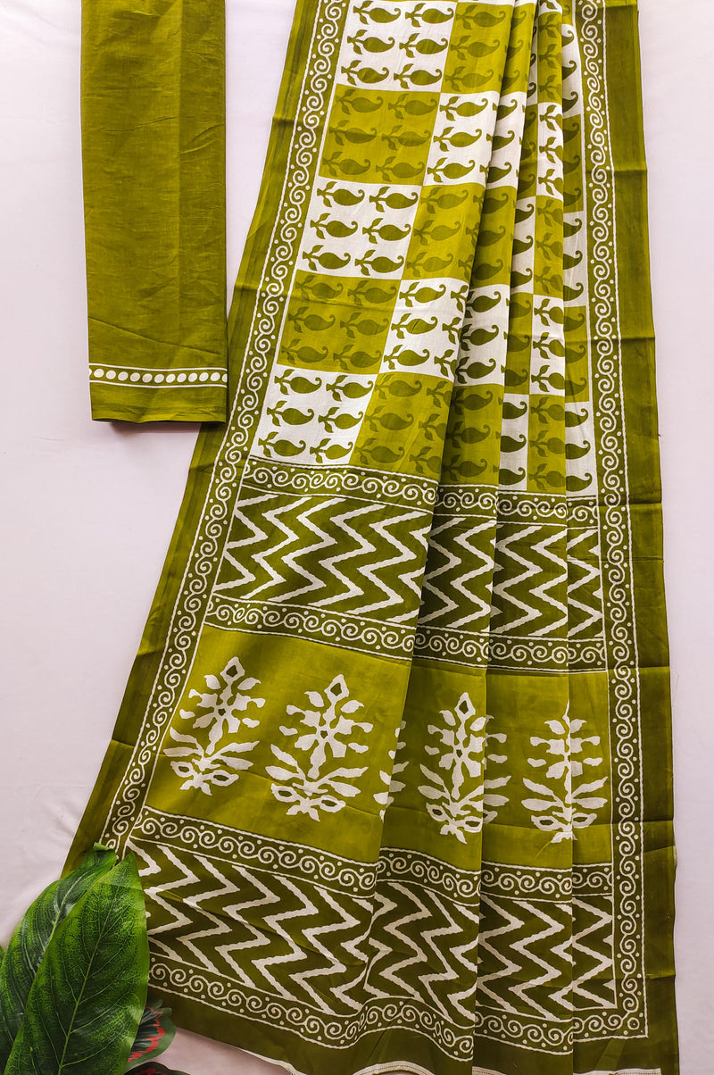 Mehandi Pure Soft Cotton Bagru Block Print Saree