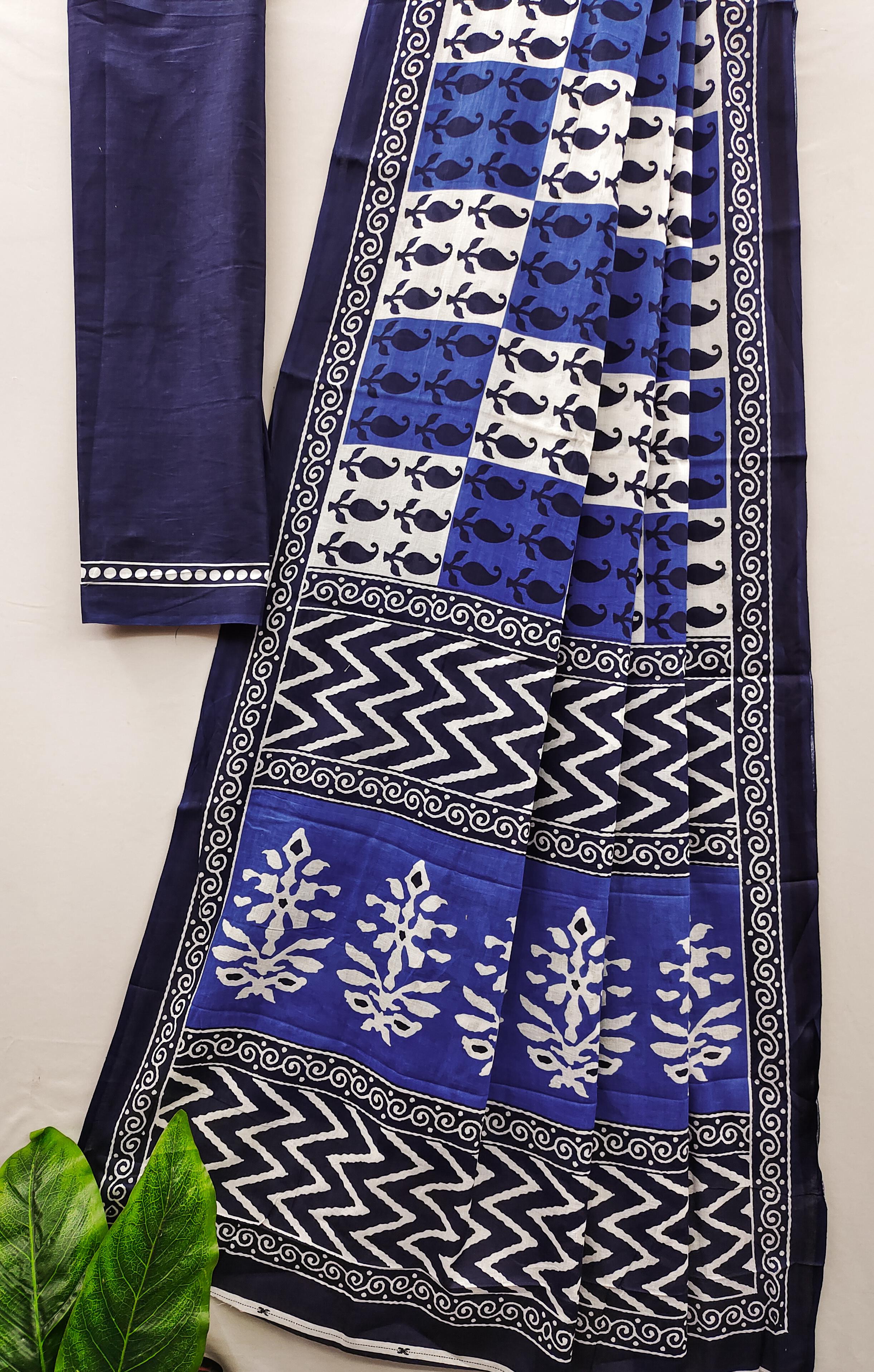 Blue Pure Soft Cotton Bagru Block Print Saree