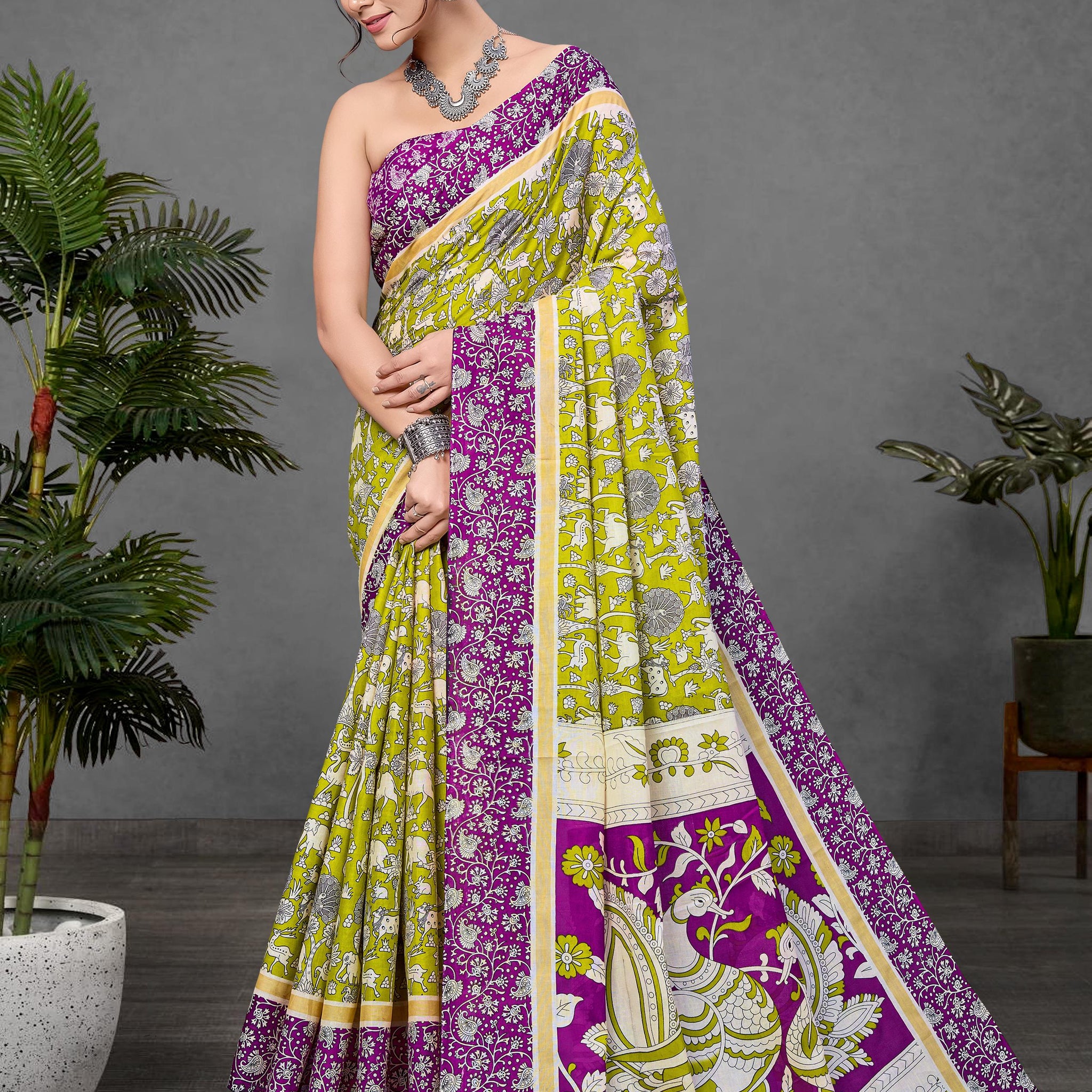Green Pure Soft Cotton Kalamkari Block Print Saree