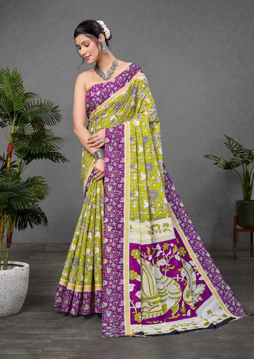 Green Pure Soft Cotton Kalamkari Block Print Saree
