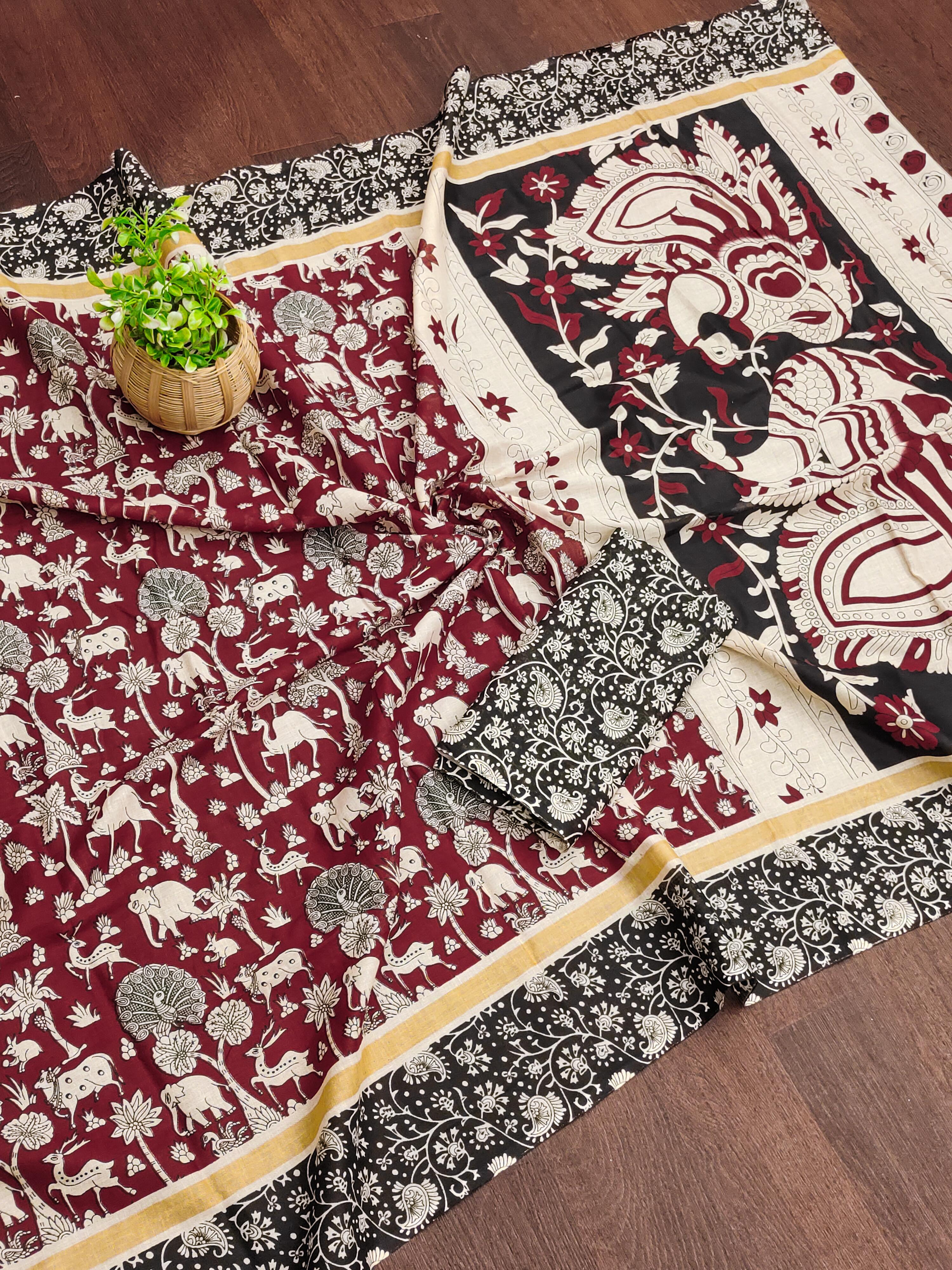 Maroon Pure Soft Cotton Kalamkari Block Print Saree