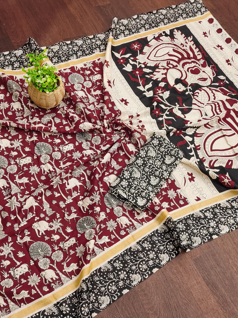 Maroon Pure Soft Cotton Kalamkari Block Print Saree