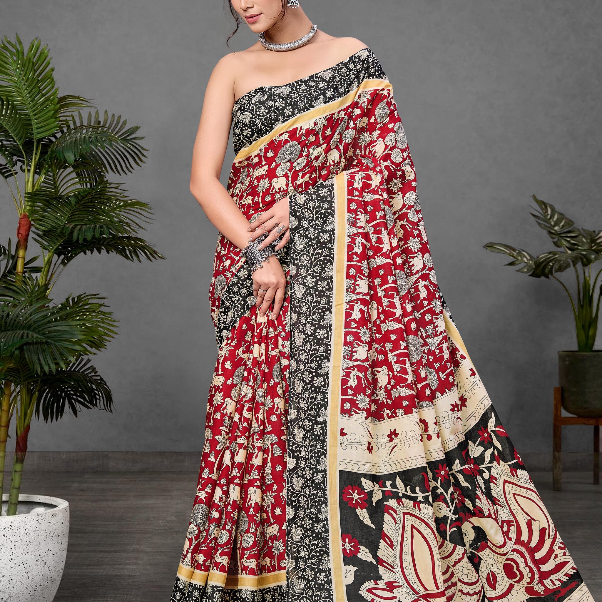 Maroon Pure Soft Cotton Kalamkari Block Print Saree