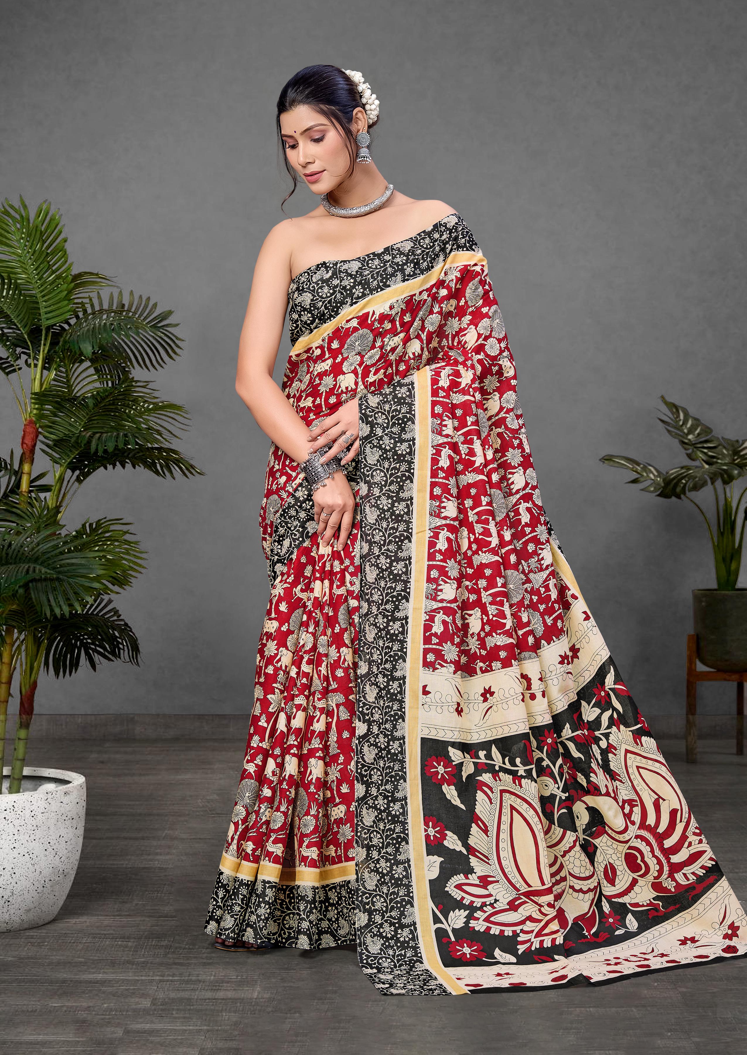 Maroon Pure Soft Cotton Kalamkari Block Print Saree Cotton saree Anant Tex Exports Pvt.Ltd..