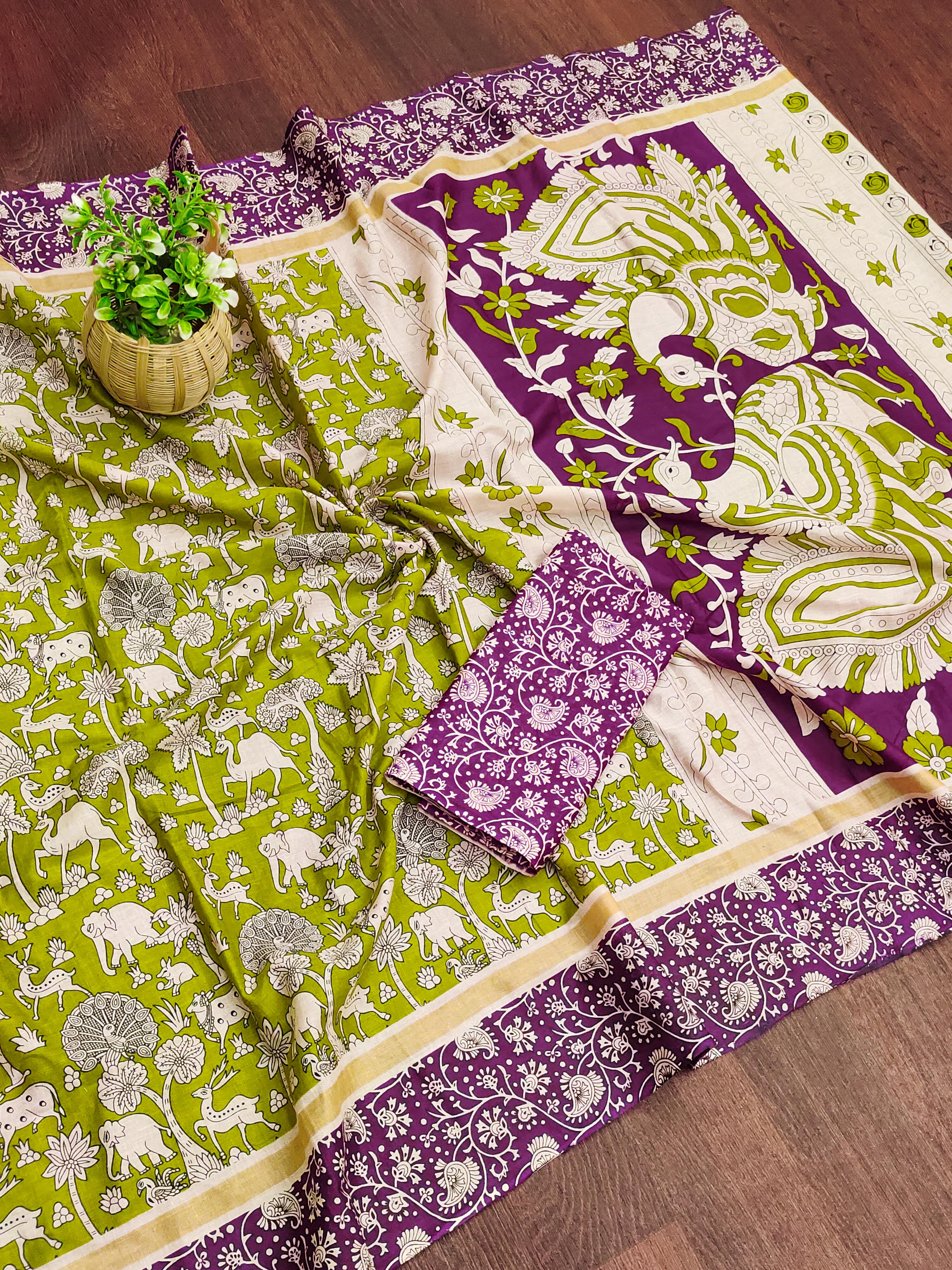 Green Pure Soft Cotton Kalamkari Block Print Saree Cotton saree Anant Tex Exports Pvt.Ltd..