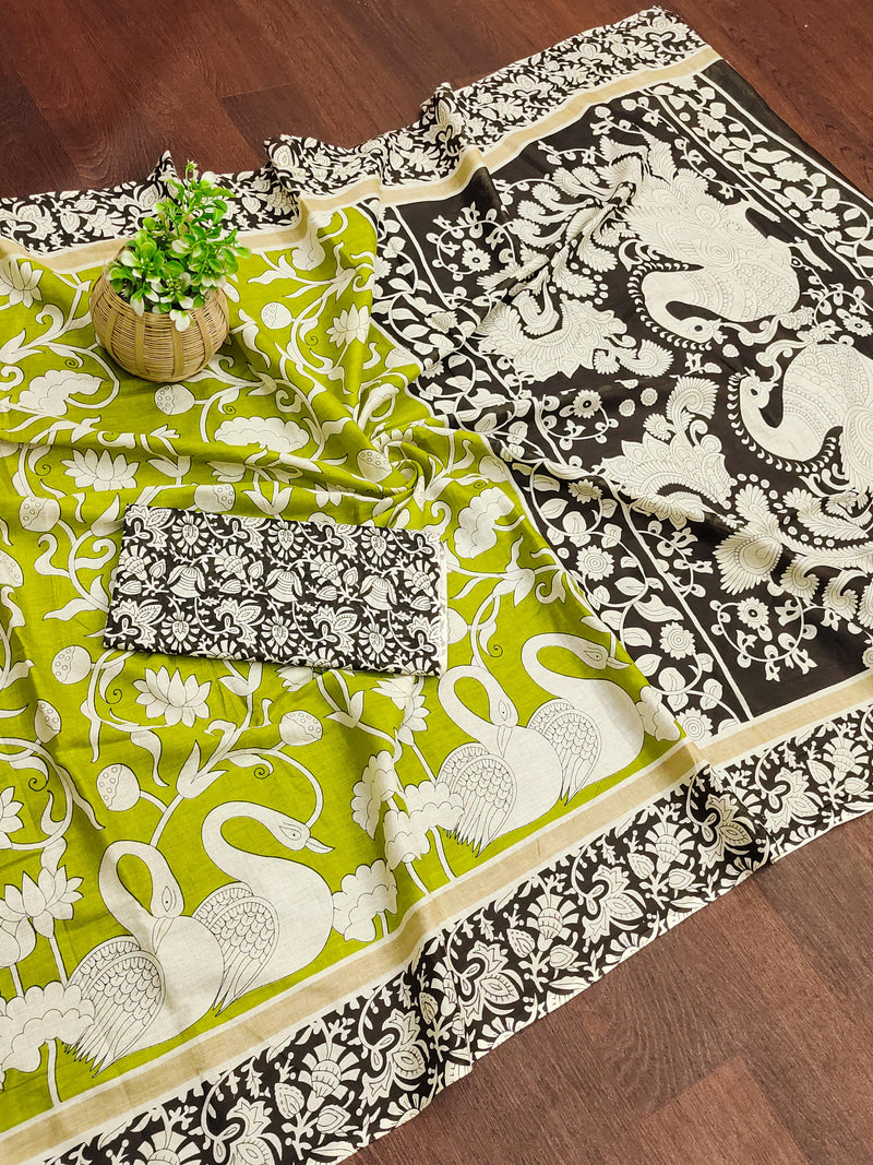 Green Pure Soft Cotton Kalamkari Block Print Saree
