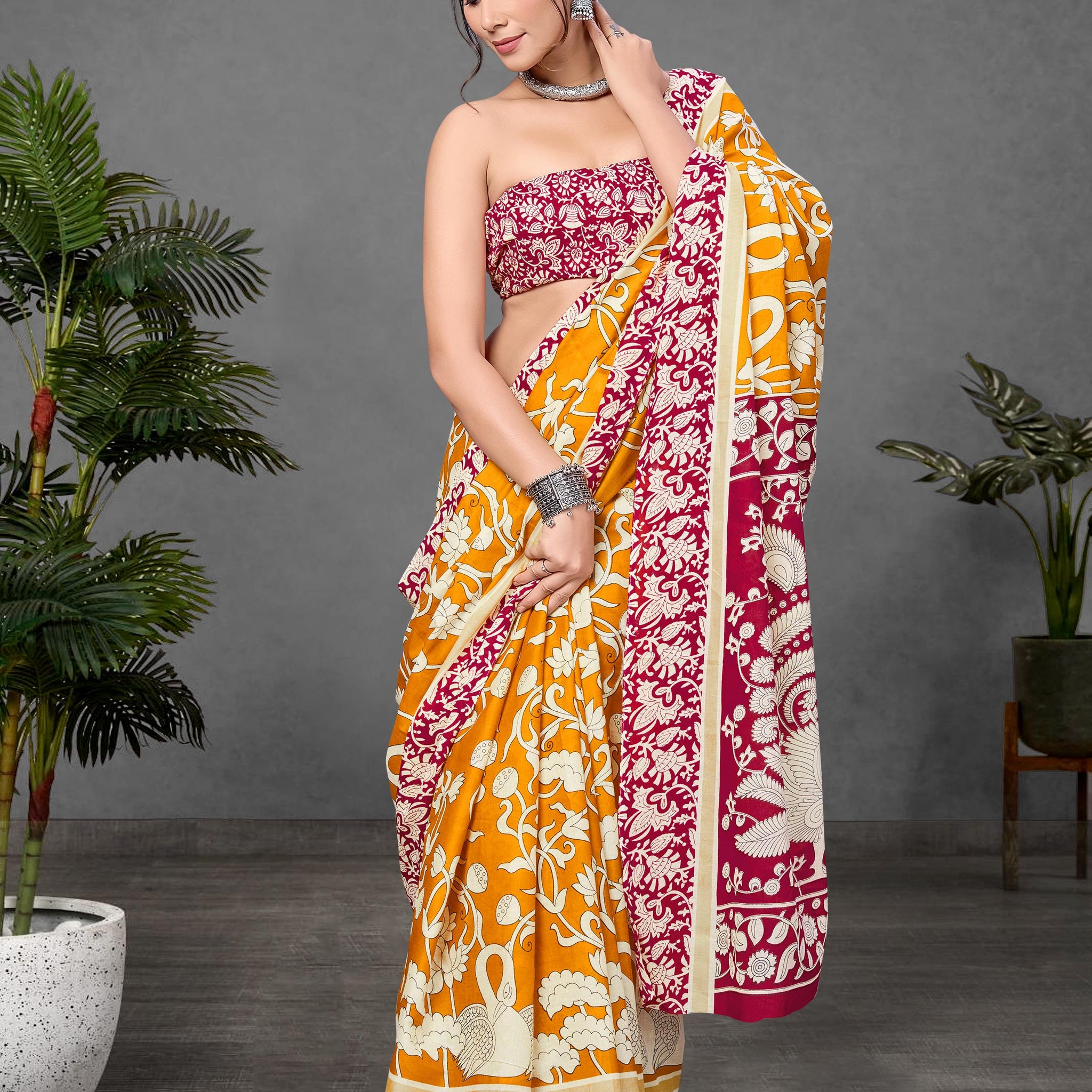Mustard Pure Soft Cotton Kalamkari Block Print Saree