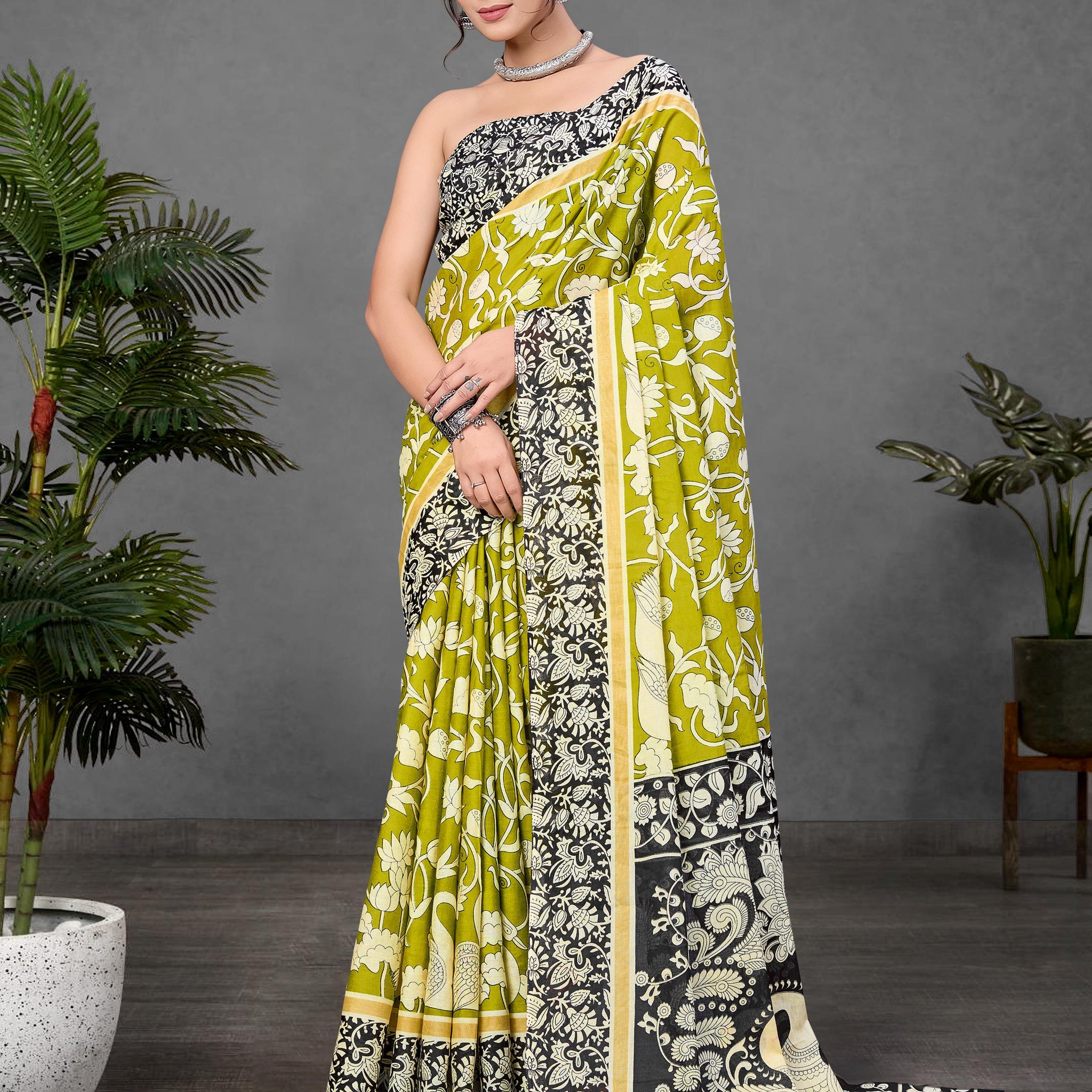 Green Pure Soft Cotton Kalamkari Block Print Saree