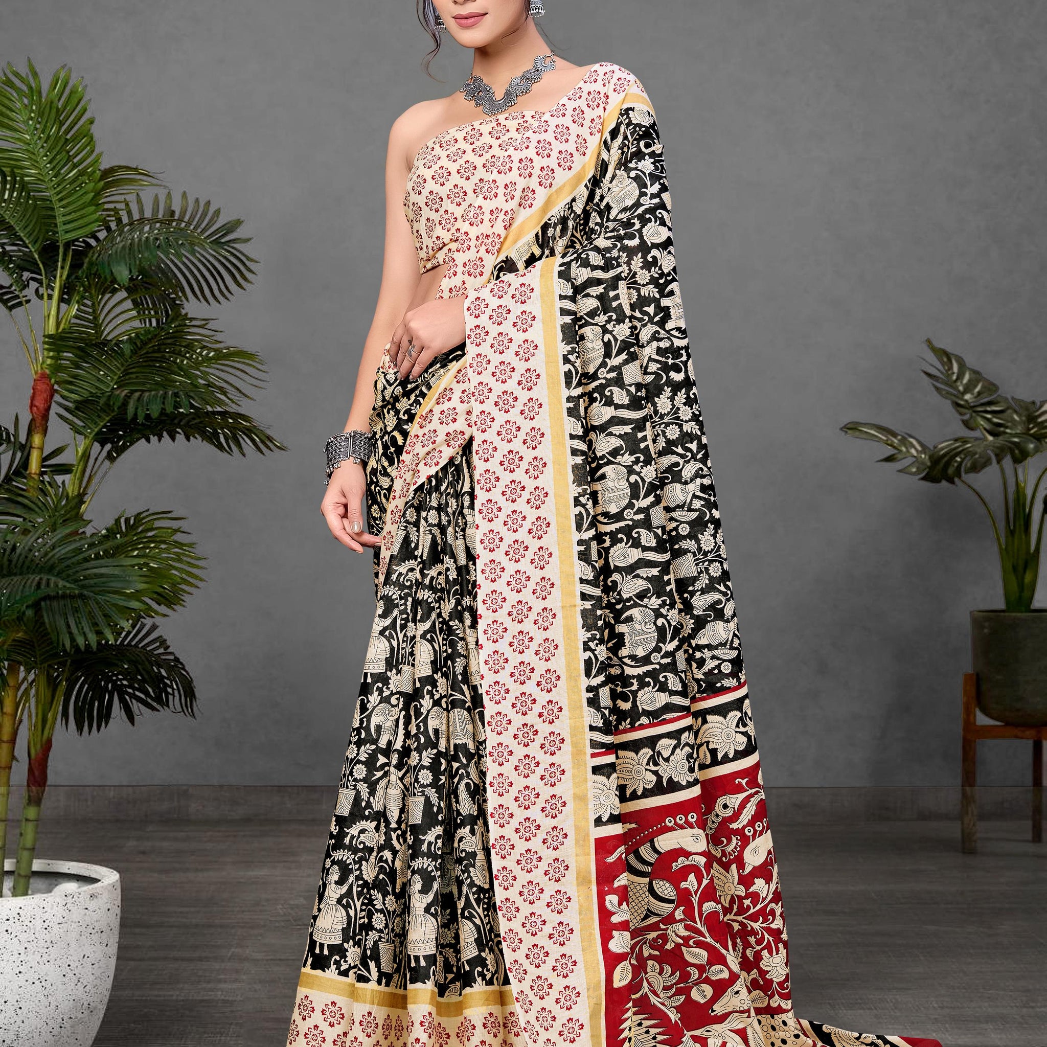 Black Pure Soft Cotton Kalamkari Block Print Saree