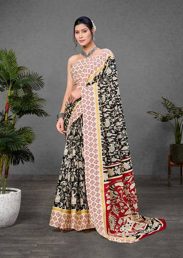 Black Pure Soft Cotton Kalamkari Block Print Saree