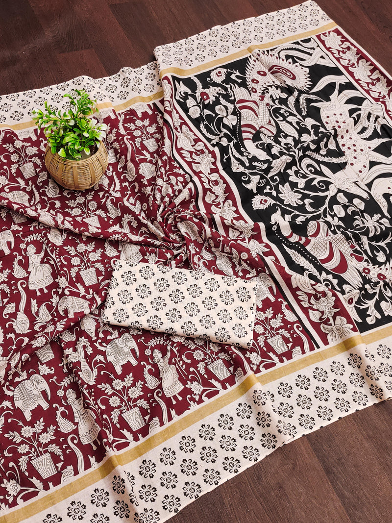 Maroon Pure Soft Cotton Kalamkari Block Print Saree
