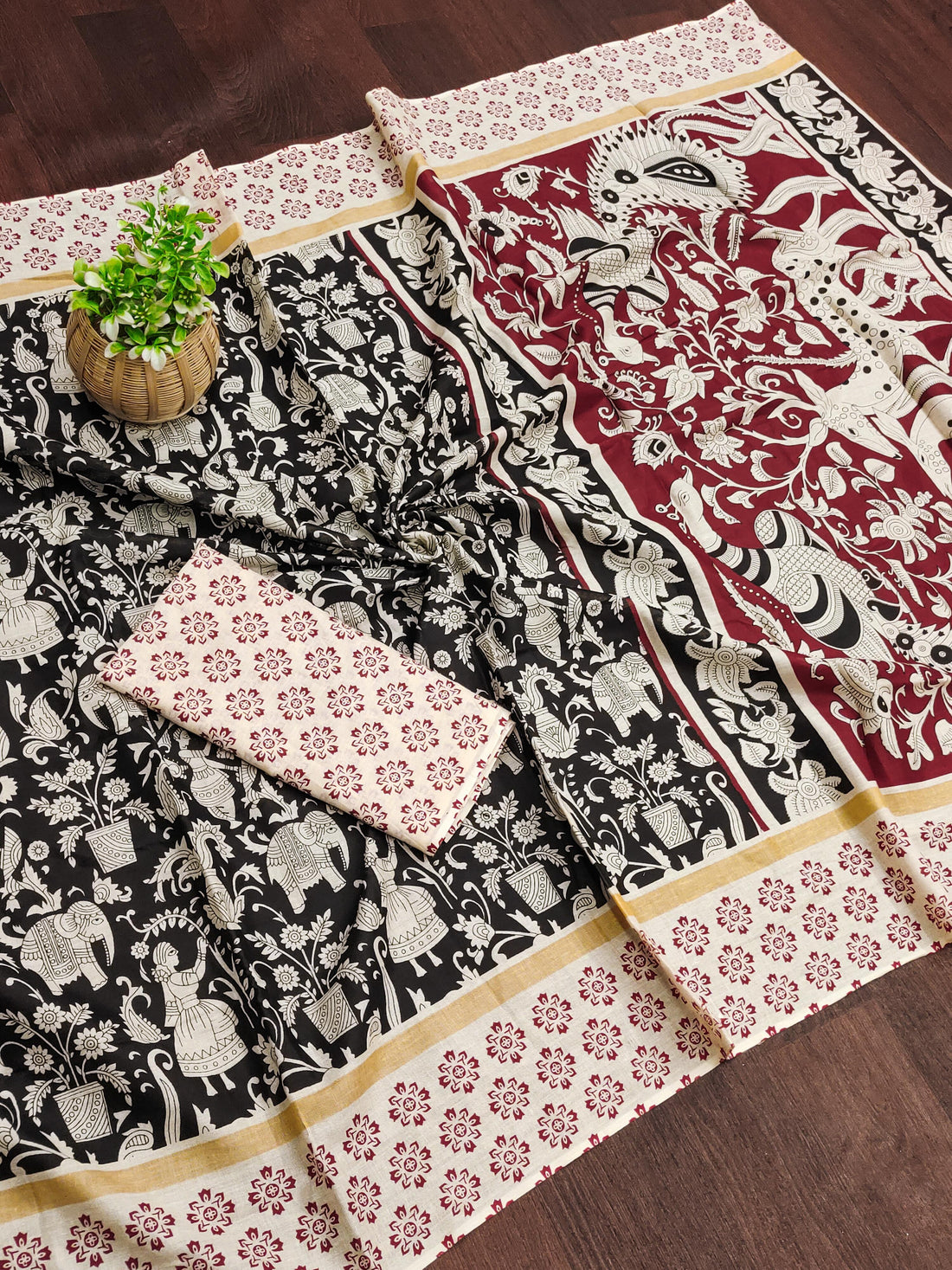 Black Pure Soft Cotton Kalamkari Block Print Saree