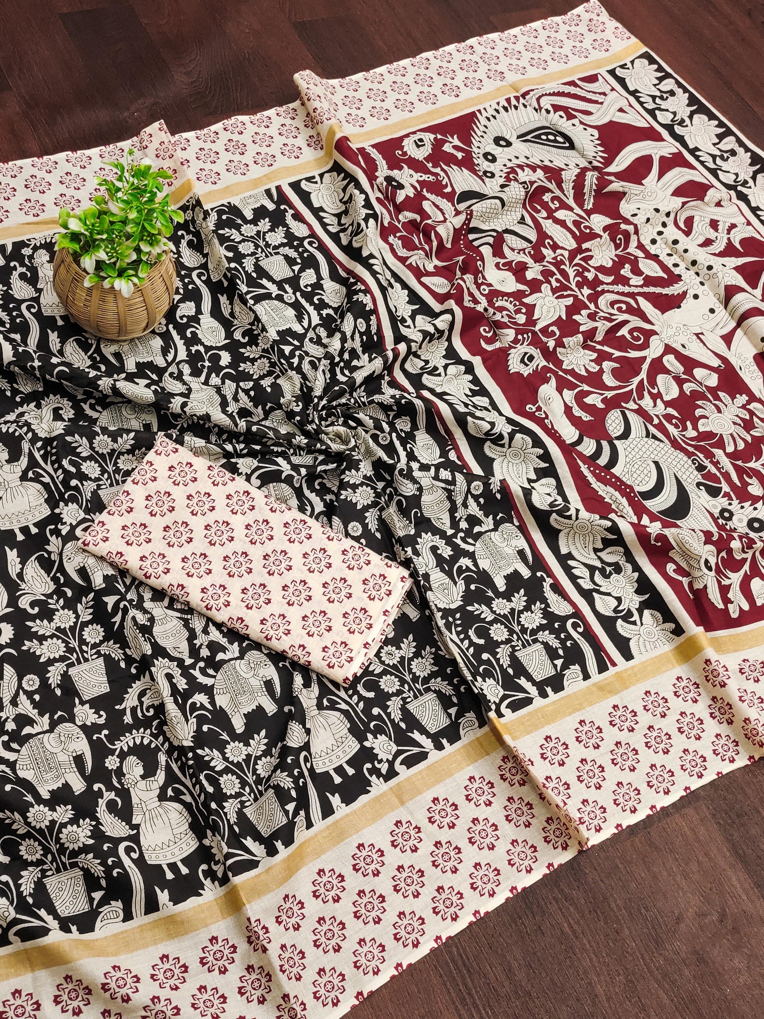 Black Pure Soft Cotton Kalamkari Block Print Saree Cotton saree Anant Tex Exports Pvt.Ltd..