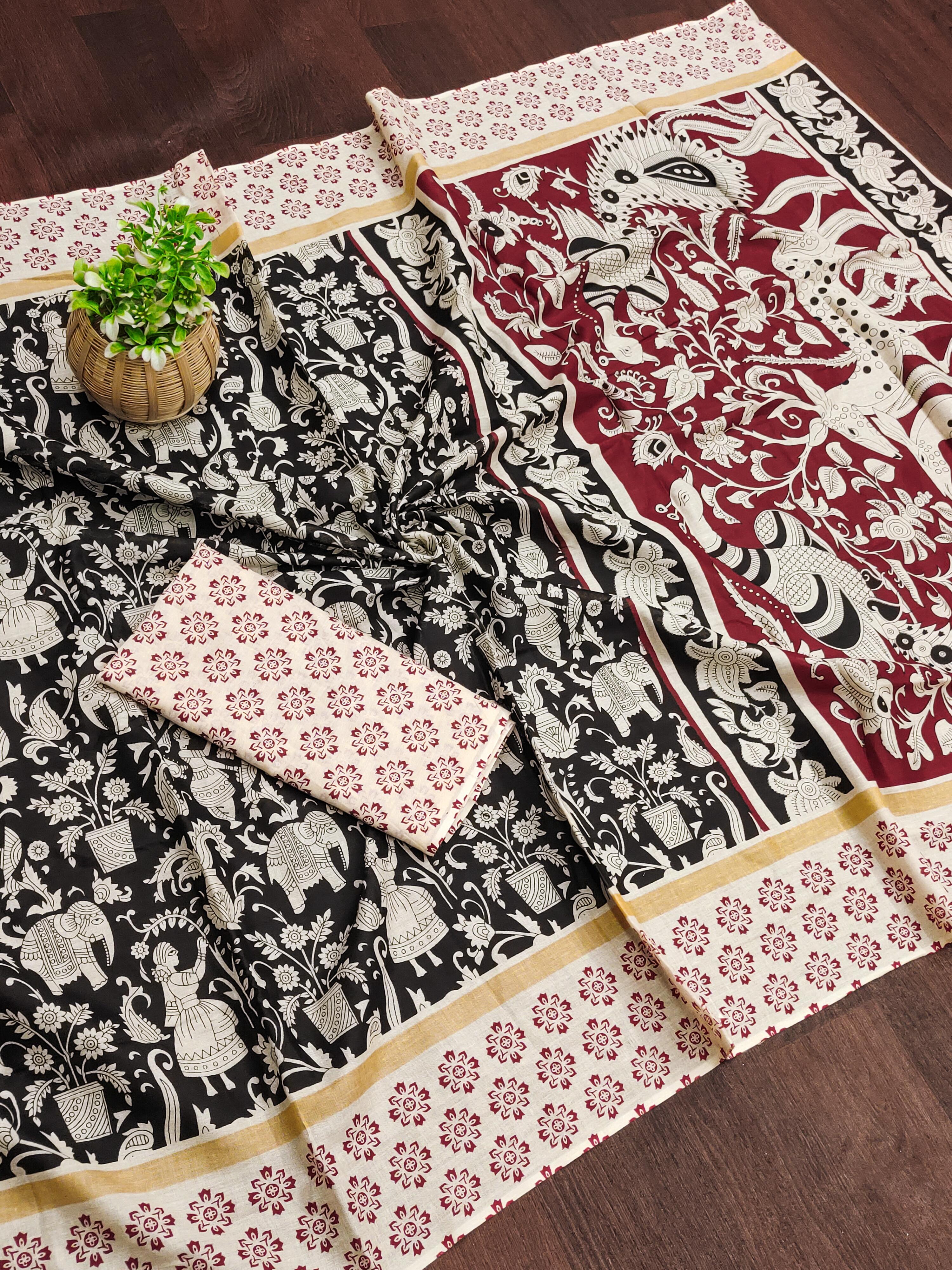 Black Pure Soft Cotton Kalamkari Block Print Saree