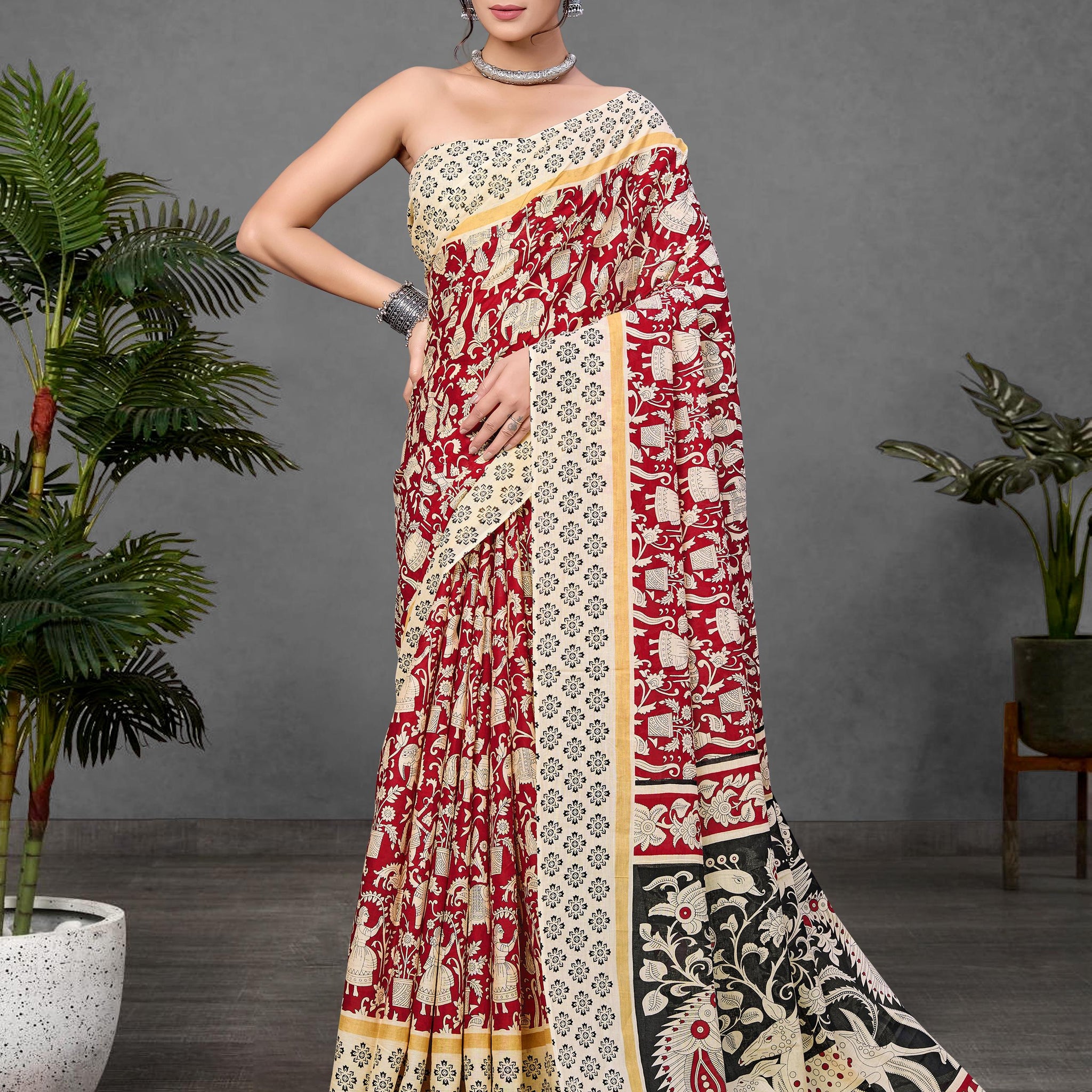 Maroon Pure Soft Cotton Kalamkari Block Print Saree