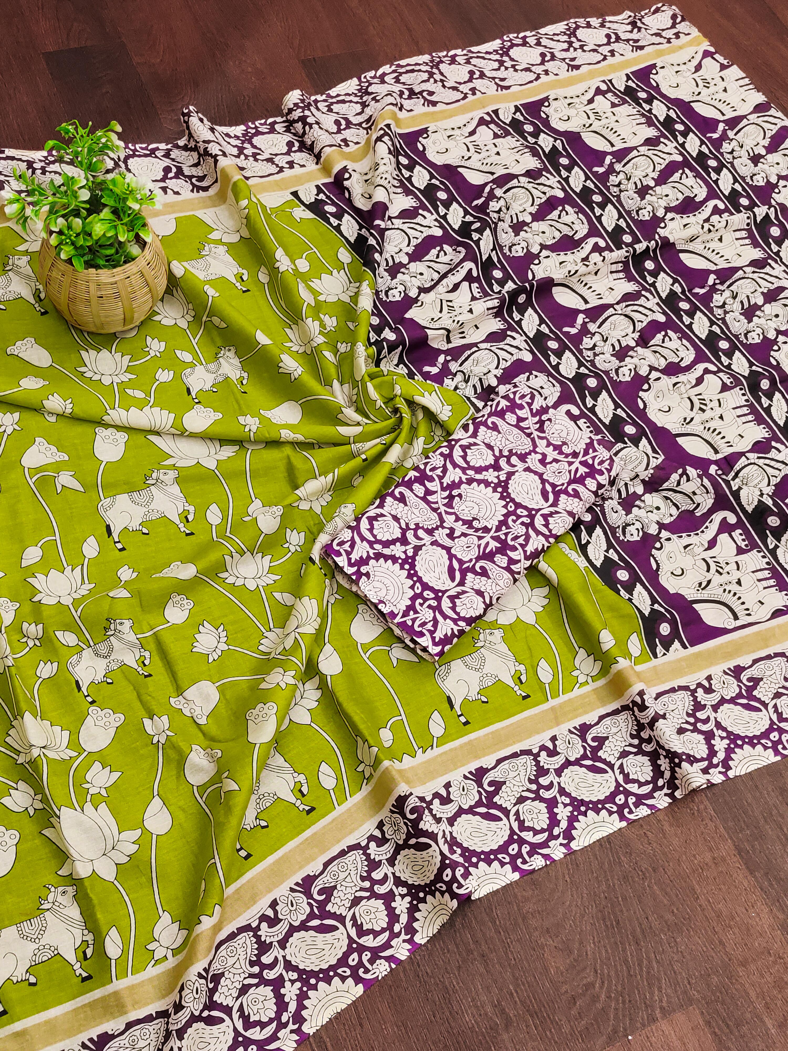 Green Pure Soft Cotton Kalamkari Block Print Saree