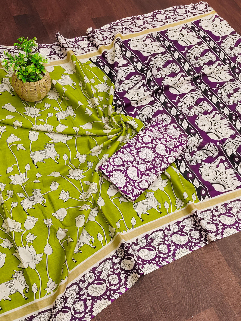 Green Pure Soft Cotton Kalamkari Block Print Saree