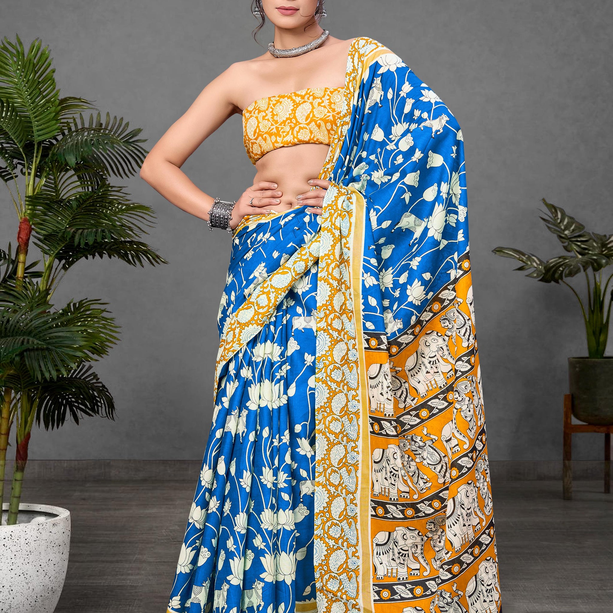 Royal Blue Pure Soft Cotton Kalamkari Block Print Saree