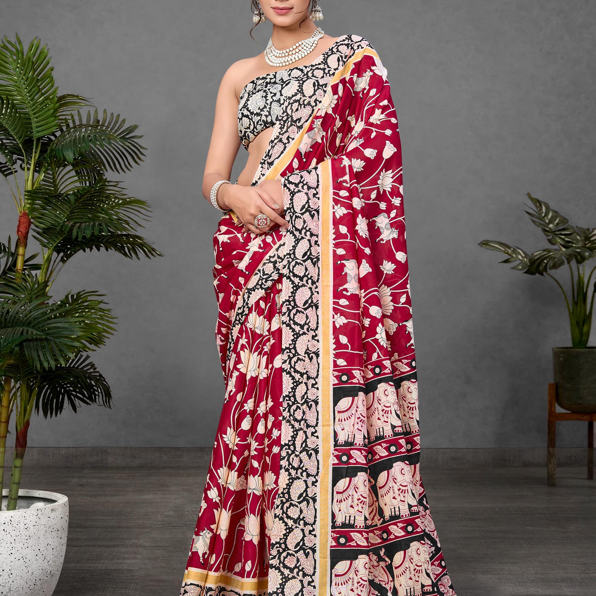 Red Pure Soft Cotton Kalamkari Block Print Saree