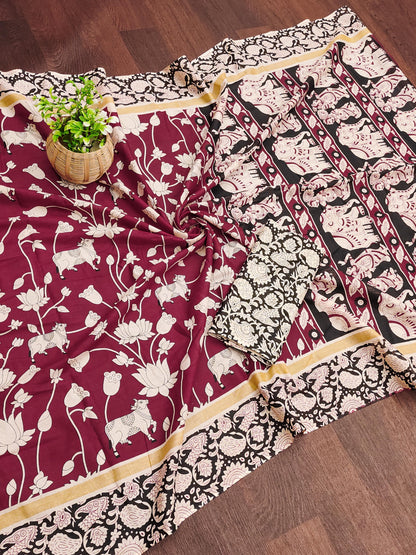Red Pure Soft Cotton Kalamkari Block Print Saree Cotton saree Anant Tex Exports Pvt.Ltd..