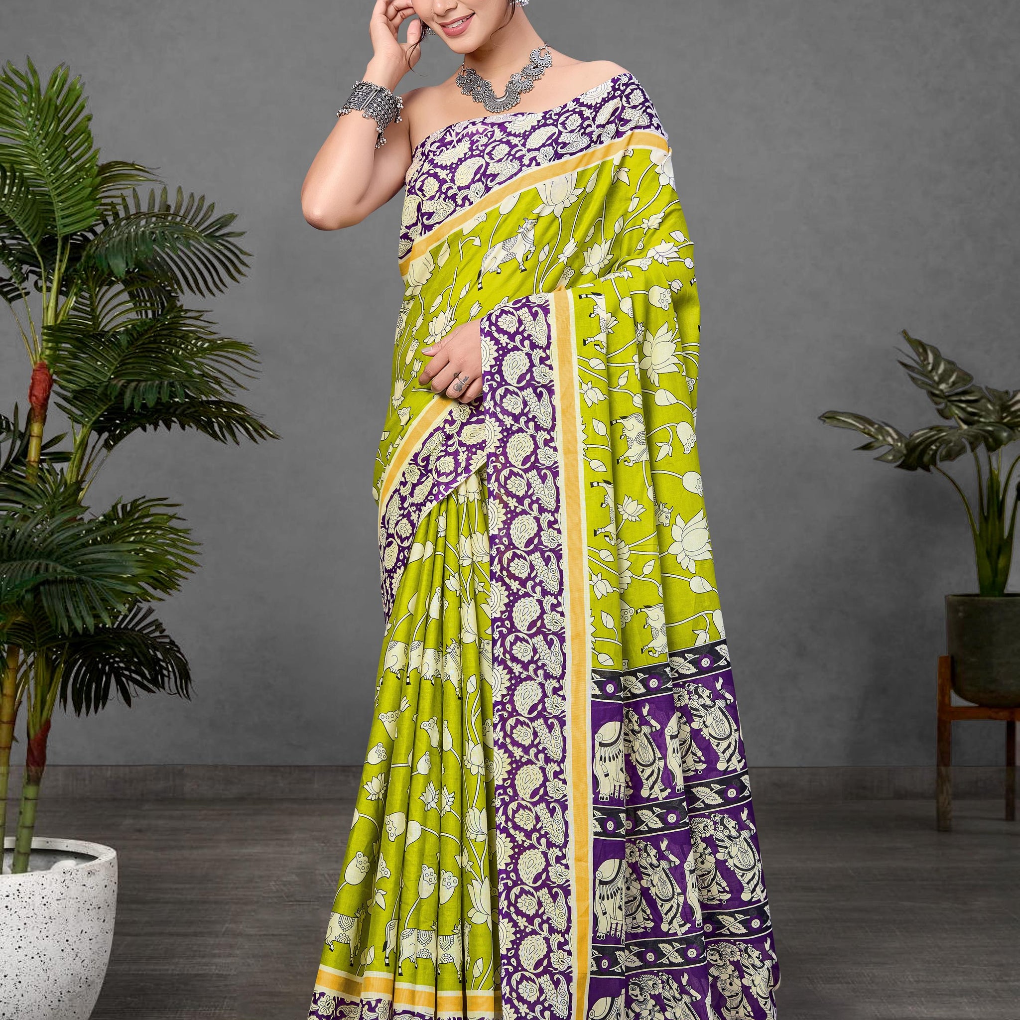 Green Pure Soft Cotton Kalamkari Block Print Saree
