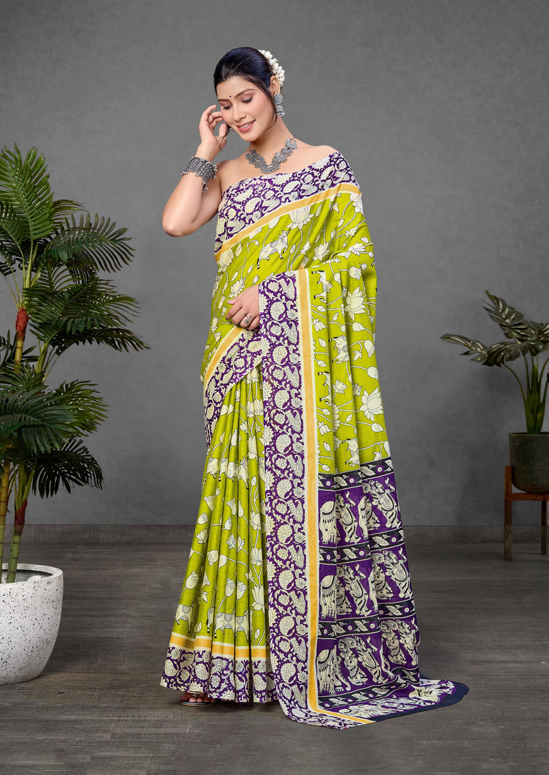 Green Pure Soft Cotton Kalamkari Block Print Saree