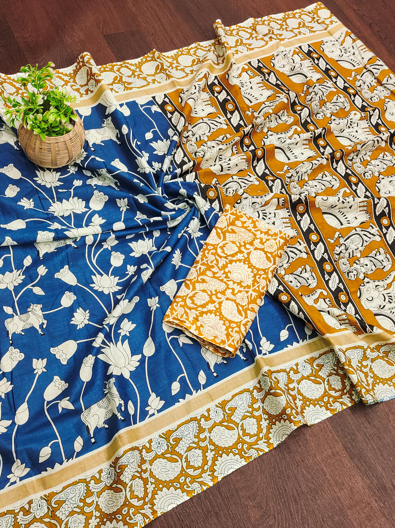 Royal Blue Pure Soft Cotton Kalamkari Block Print Saree