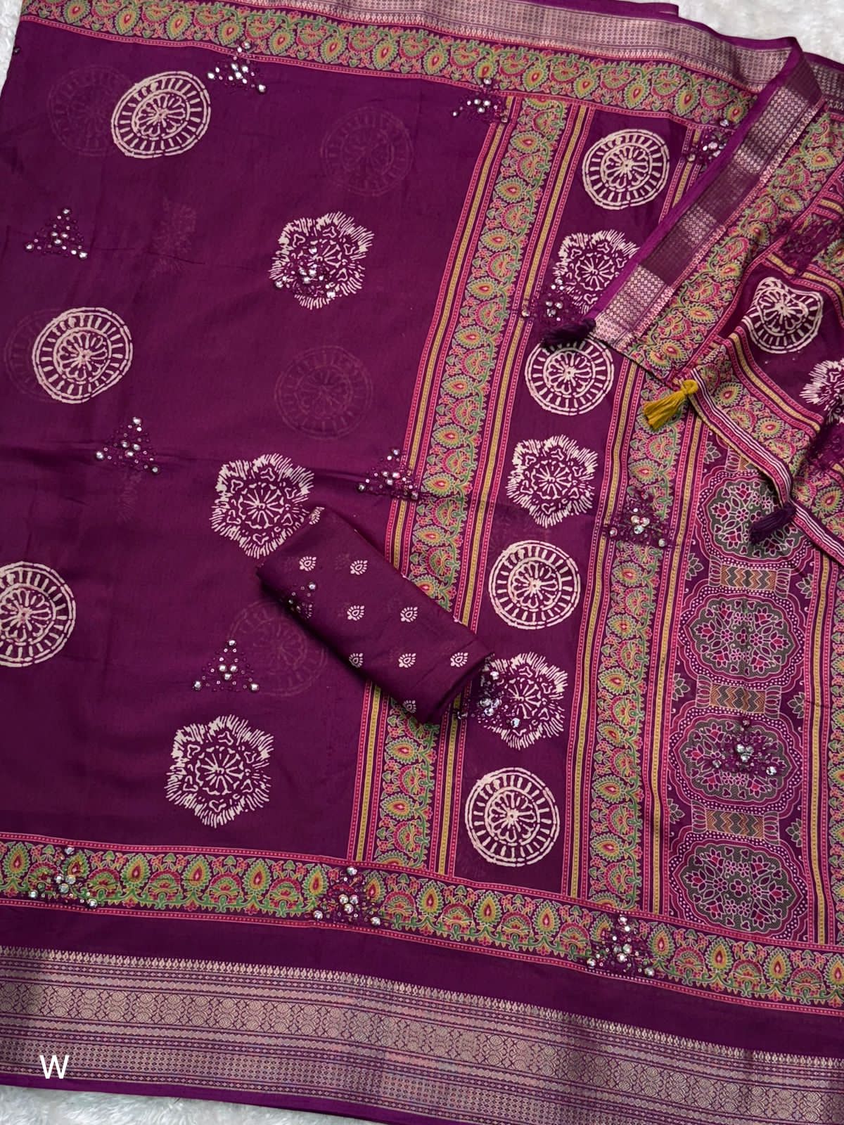 Wine Pure Mal Cotton Ajrakh Print Saree