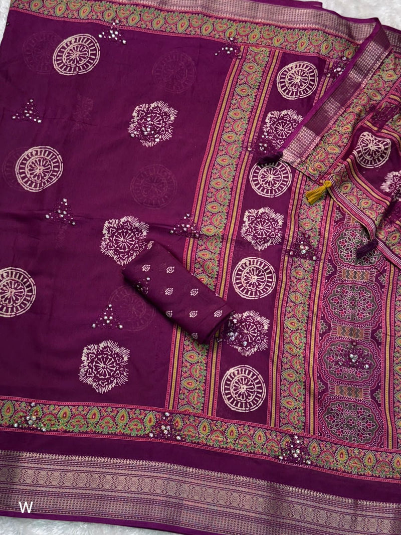 Wine Pure Mal Cotton Ajrakh Print Saree