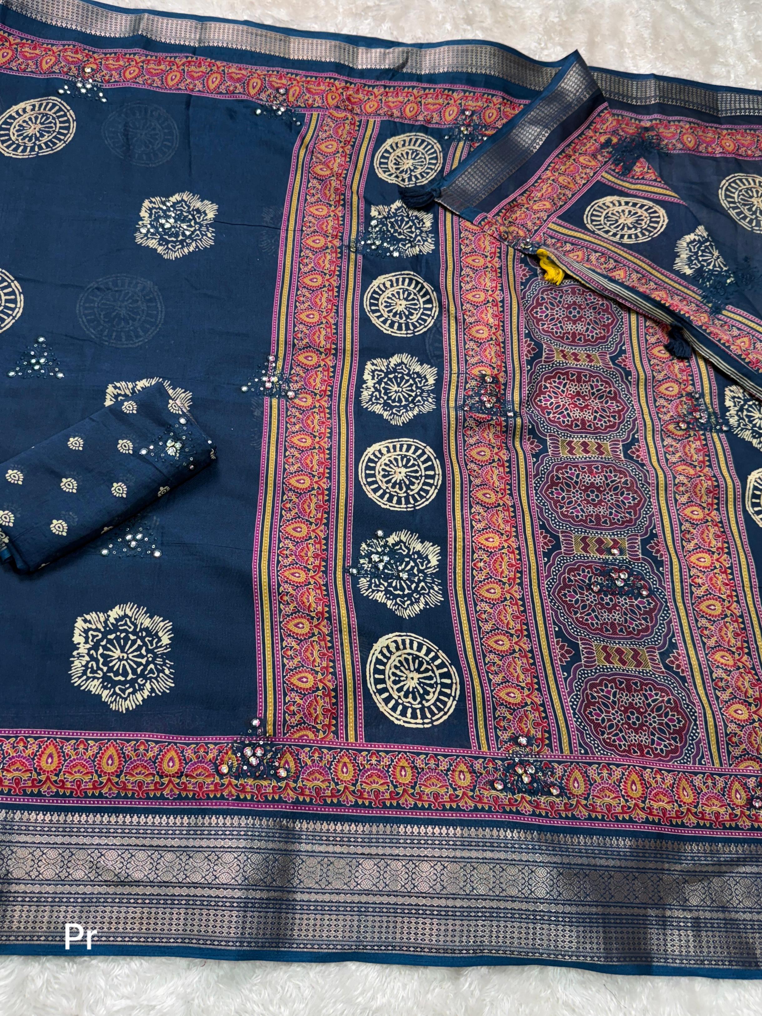 Blue Pure Mal Cotton Ajrakh Print Saree Cotton saree Anant Tex Exports Pvt.Ltd..