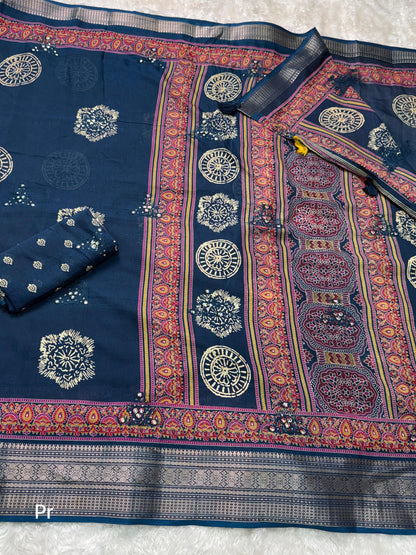 Blue Pure Mal Cotton Ajrakh Print Saree Cotton saree Anant Tex Exports Pvt.Ltd..