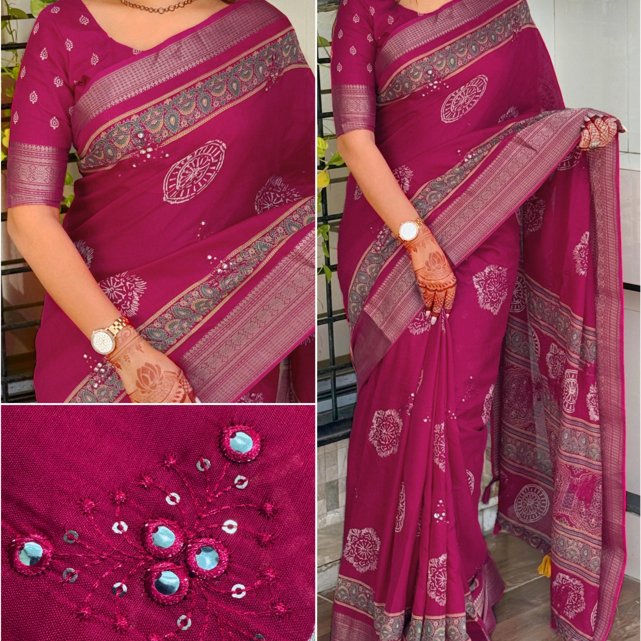Pink Pure Mal Cotton Ajrakh Print Saree