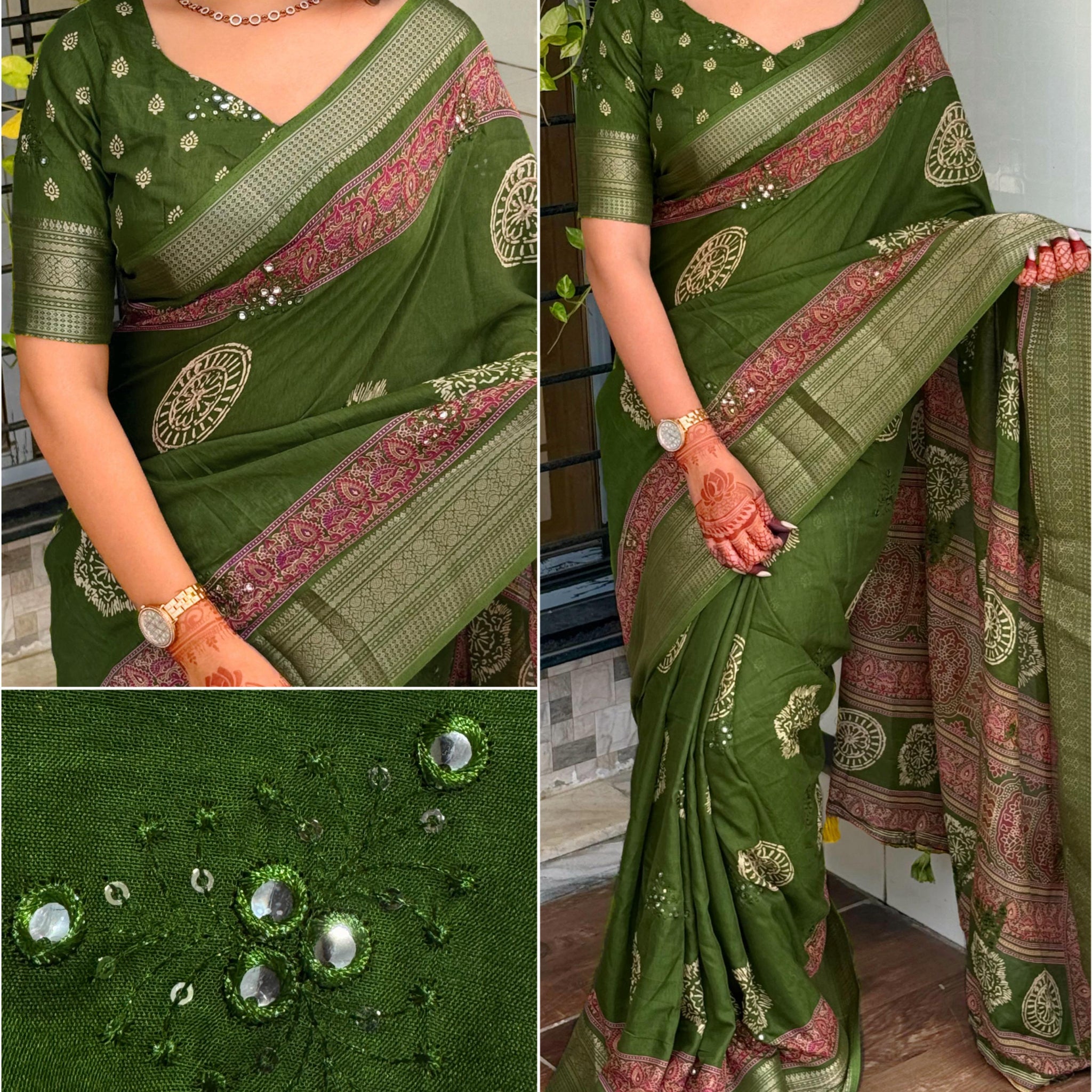 Green Pure Mal Cotton Ajrakh Print Saree