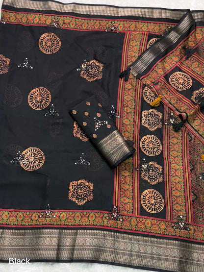 Black Pure Mal Cotton Ajrakh Print Saree Cotton saree Anant Tex Exports Pvt.Ltd..