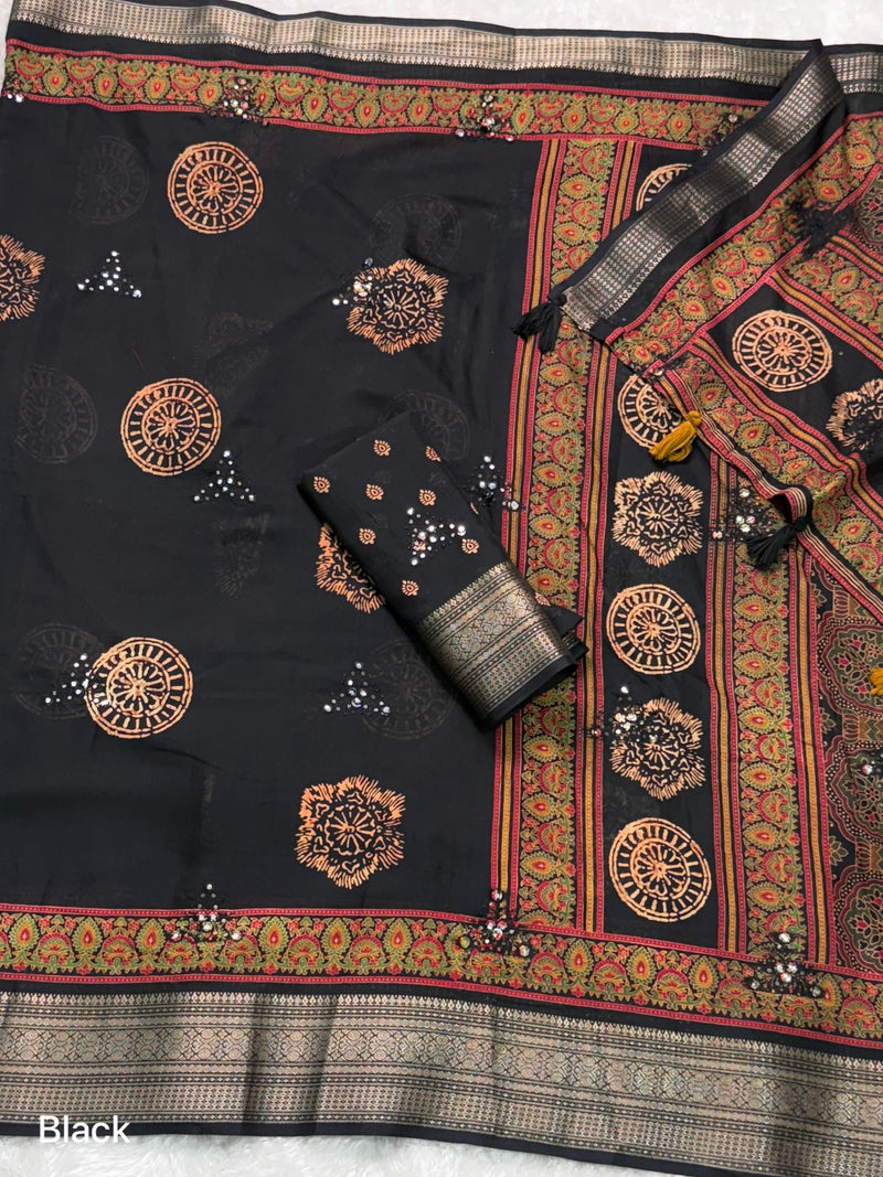 Black Pure Mal Cotton Ajrakh Print Saree