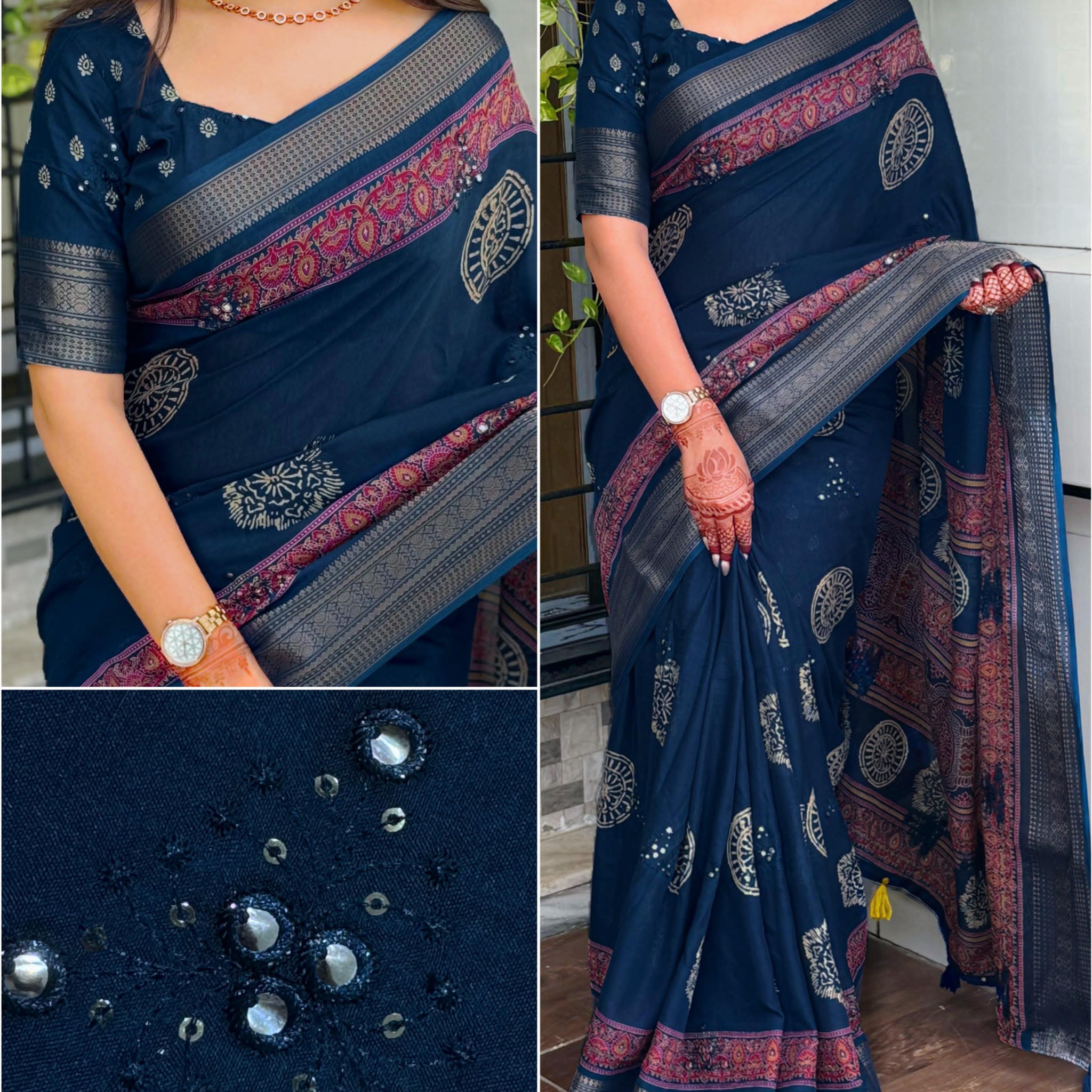 Blue Pure Mal Cotton Ajrakh Print Saree