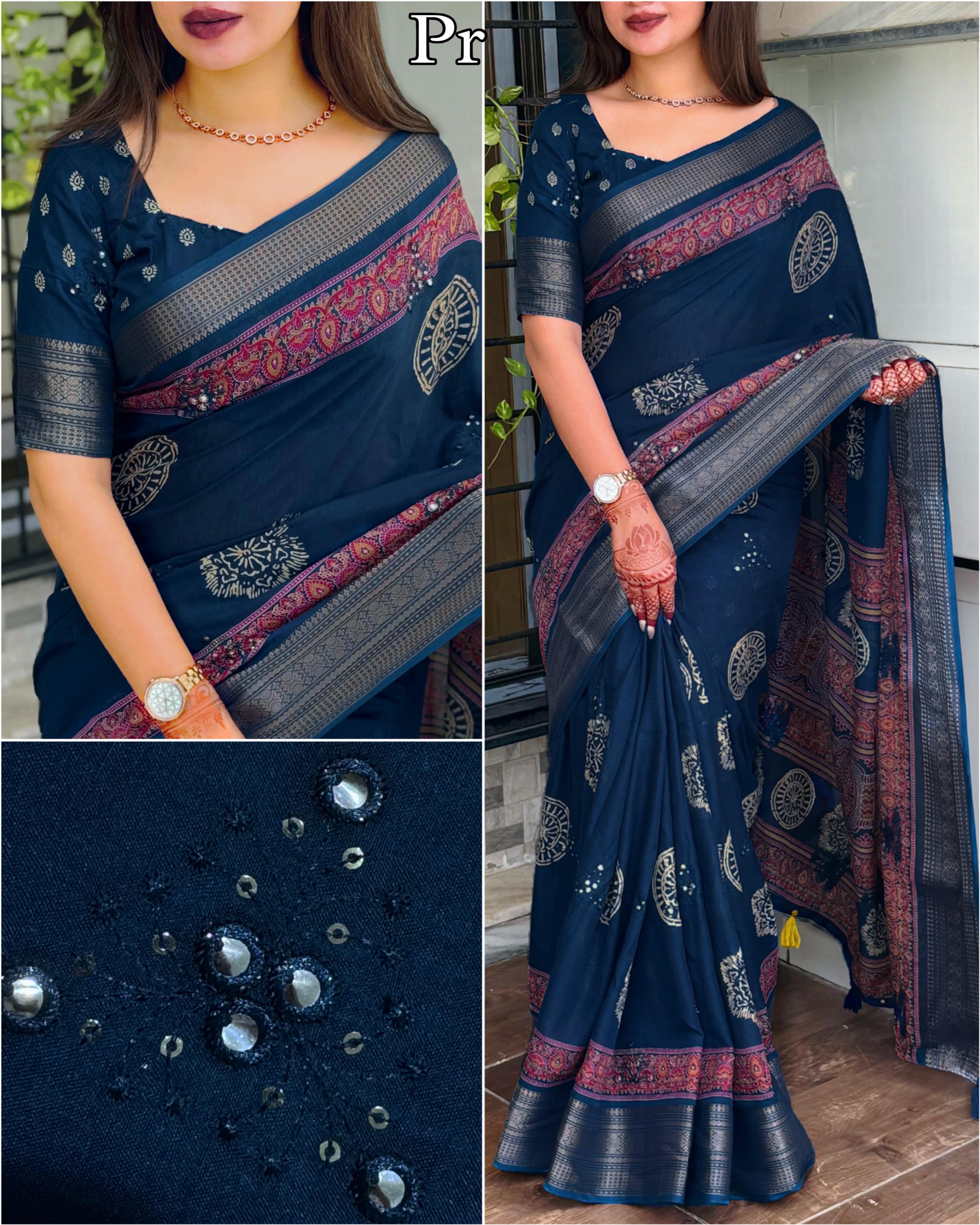 Blue Pure Mal Cotton Ajrakh Print Saree Cotton saree Anant Tex Exports Pvt.Ltd..