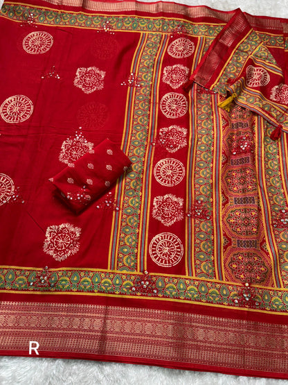 Red Pure Mal Cotton Ajrakh Print Saree Cotton saree Anant Tex Exports Pvt.Ltd..