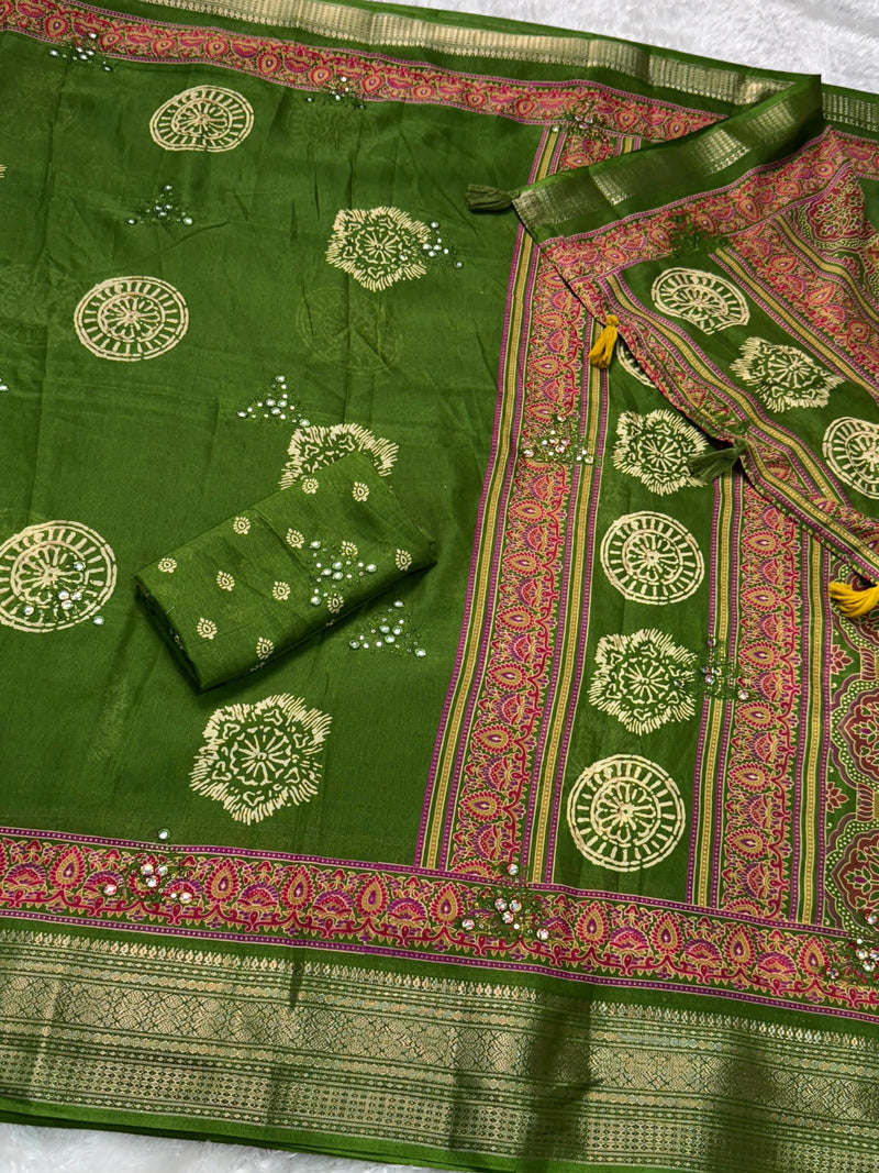 Green Pure Mal Cotton Ajrakh Print Saree
