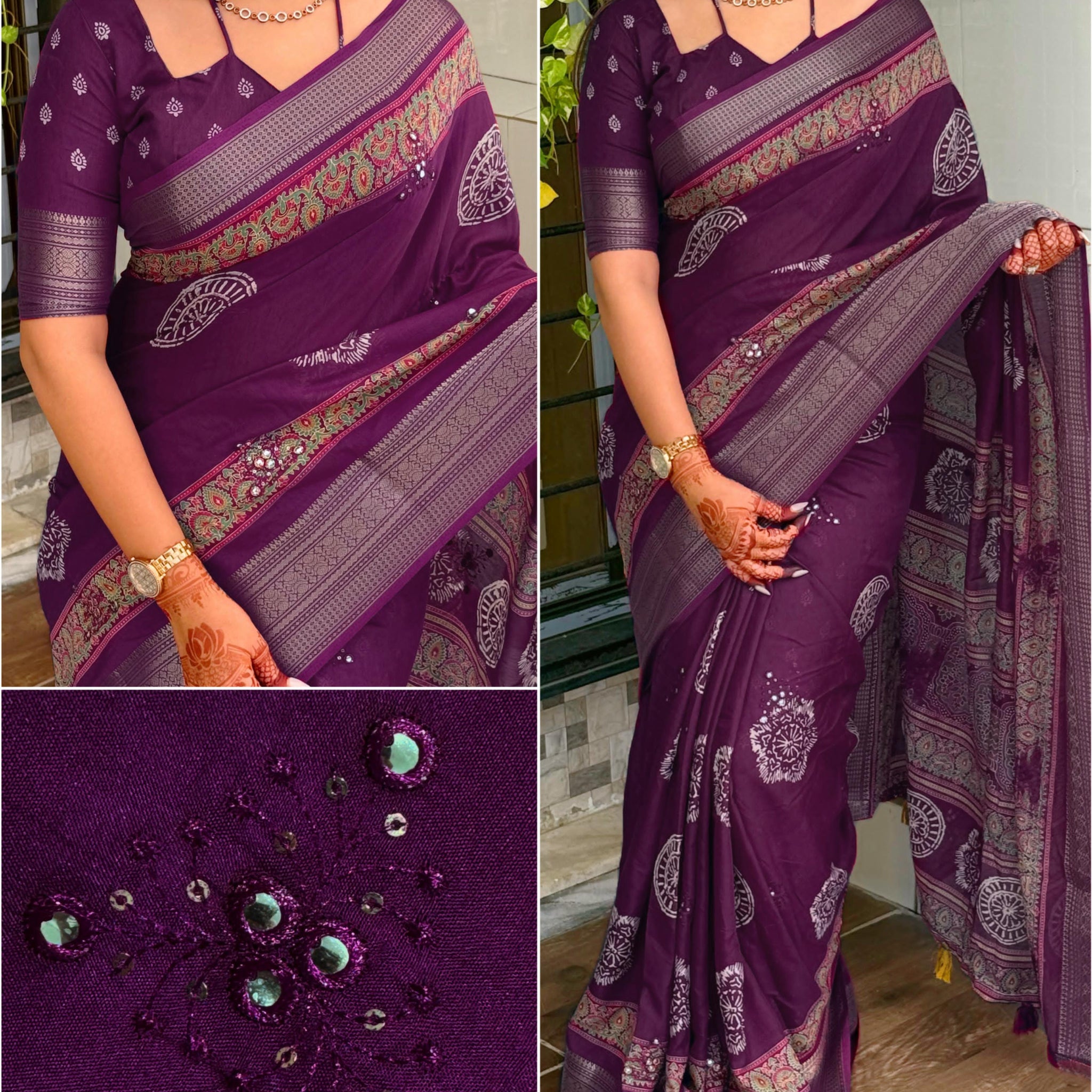 Wine Pure Mal Cotton Ajrakh Print Saree