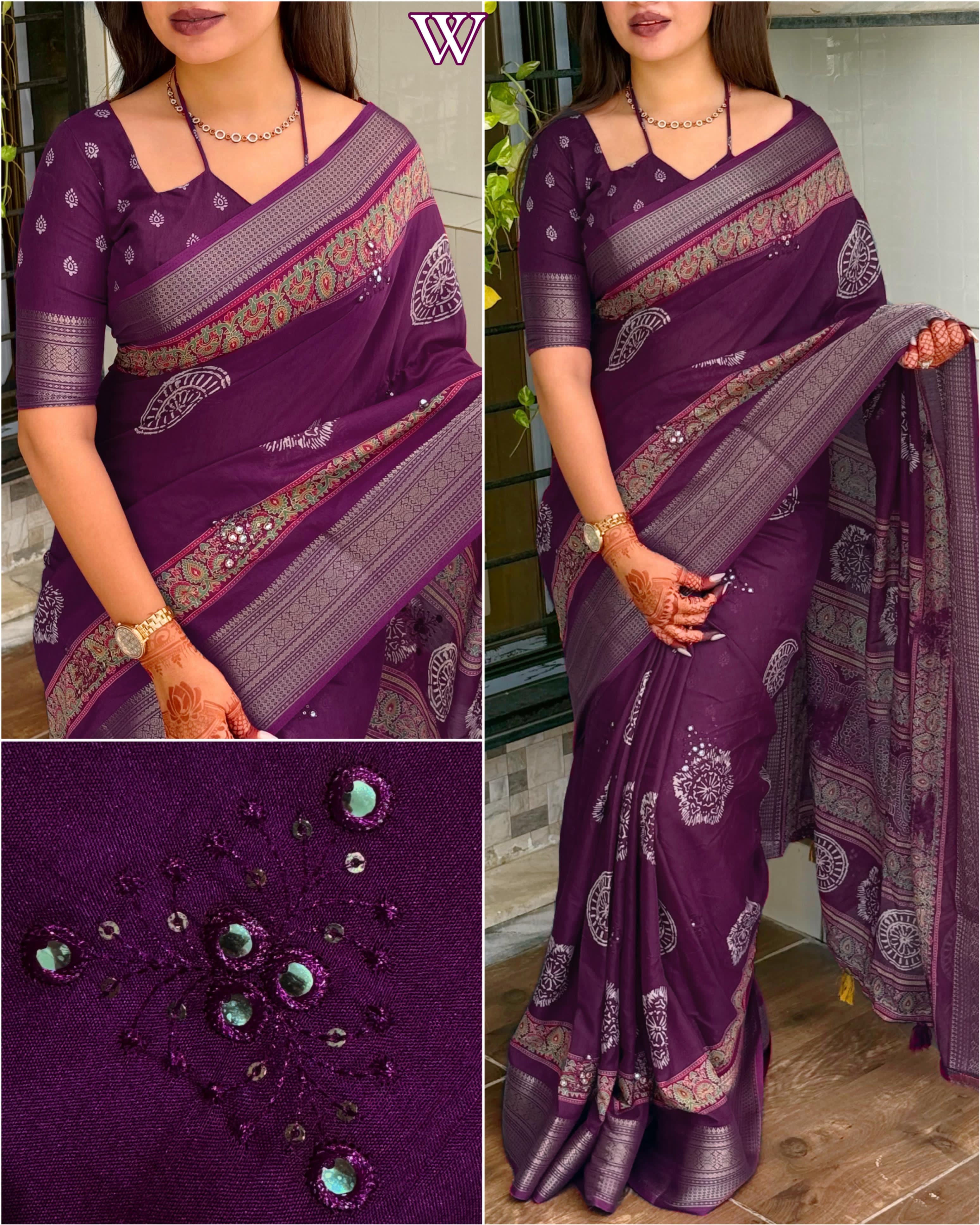 Wine Pure Mal Cotton Ajrakh Print Saree