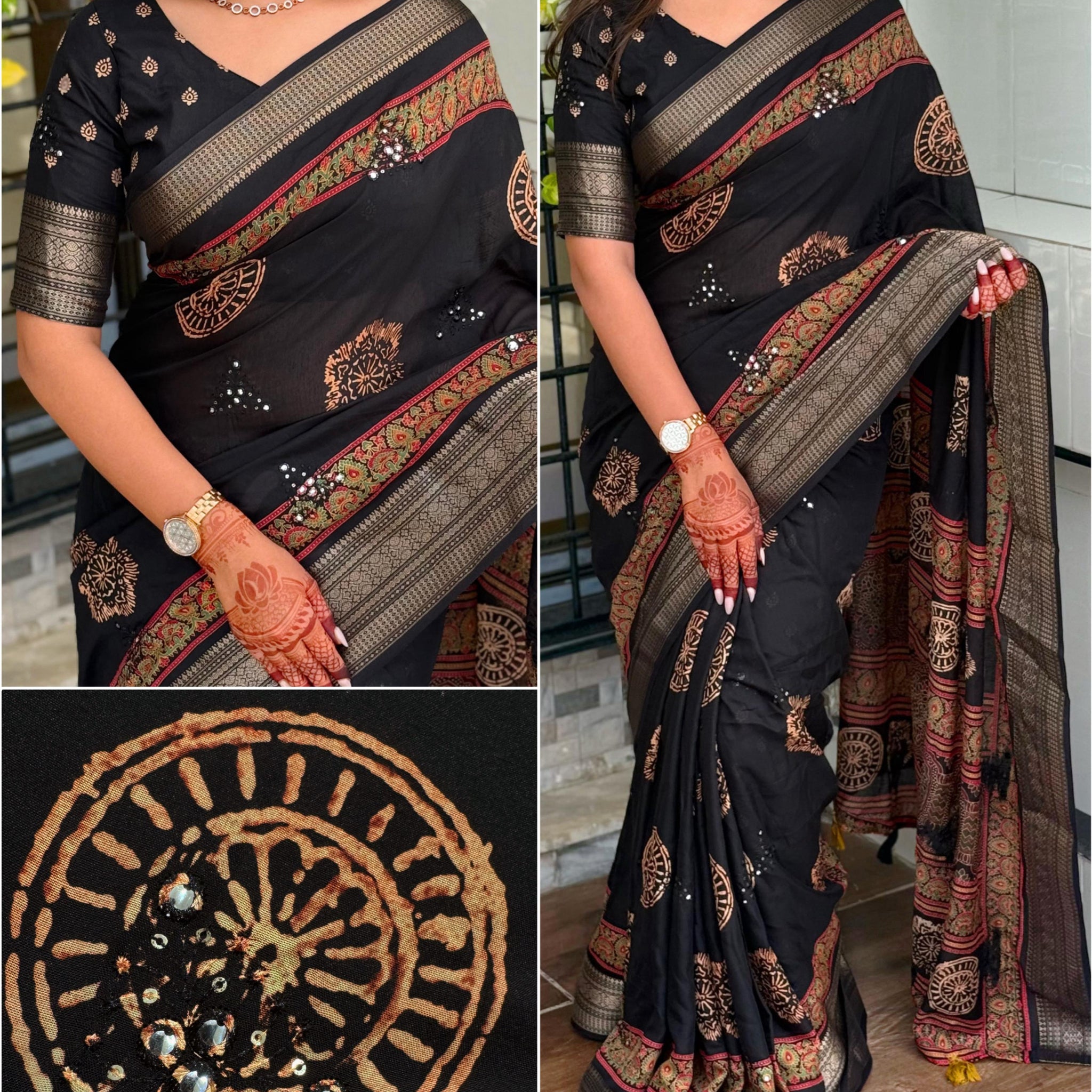 Black Pure Mal Cotton Ajrakh Print Saree