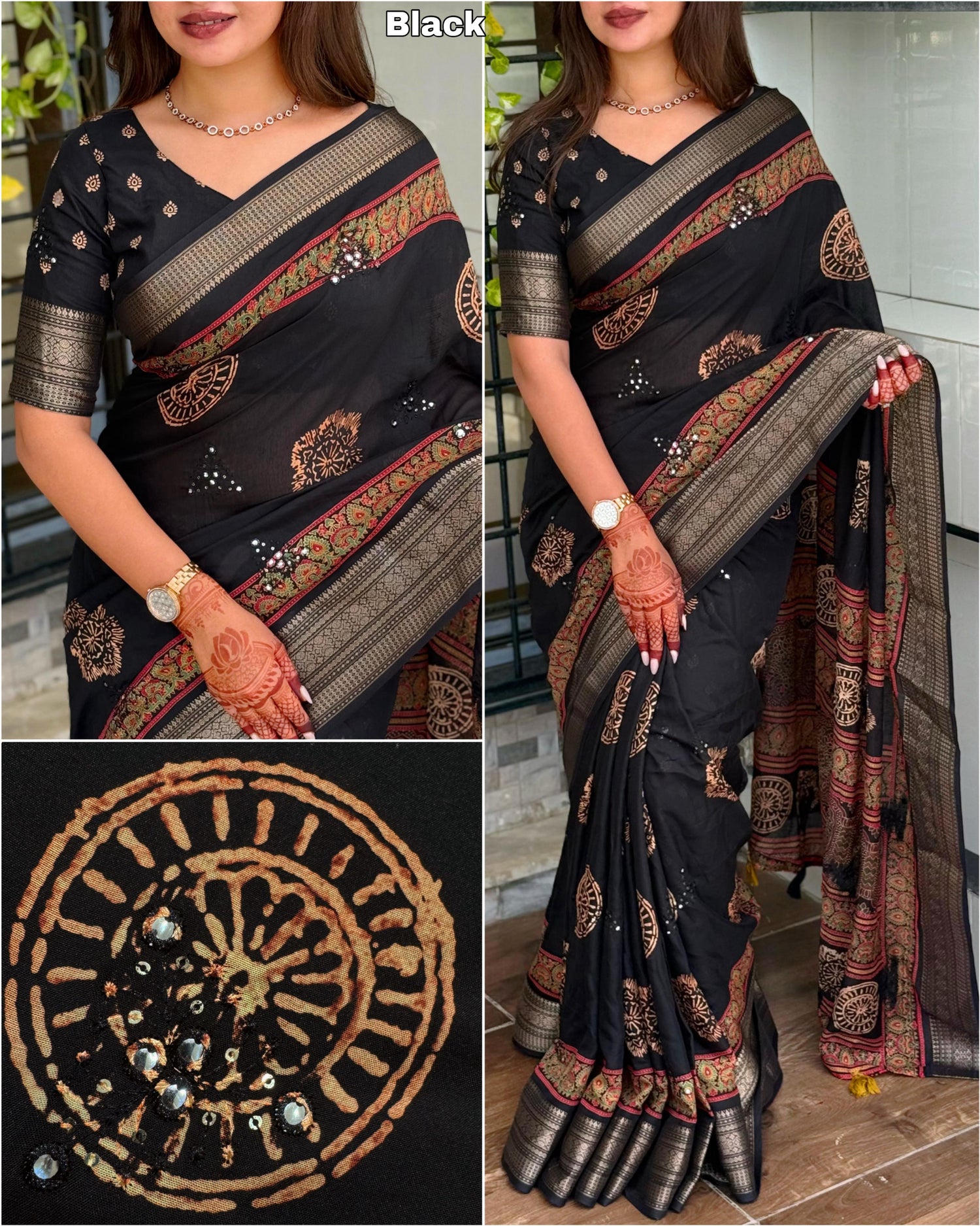 Black Pure Mal Cotton Ajrakh Print Saree Cotton saree Anant Tex Exports Pvt.Ltd..