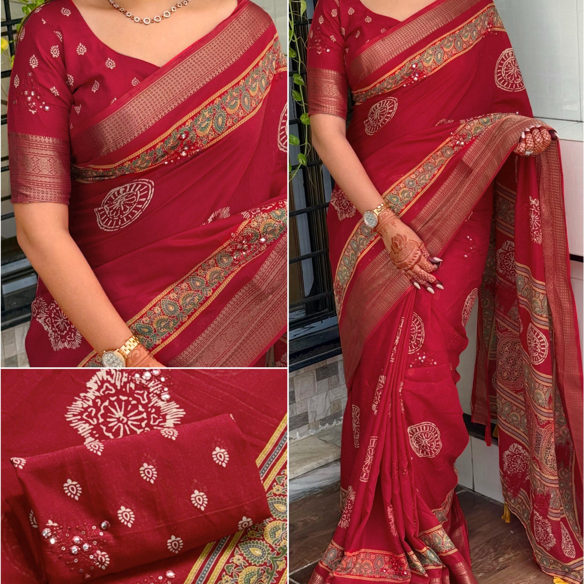 Red Pure Mal Cotton Ajrakh Print Saree